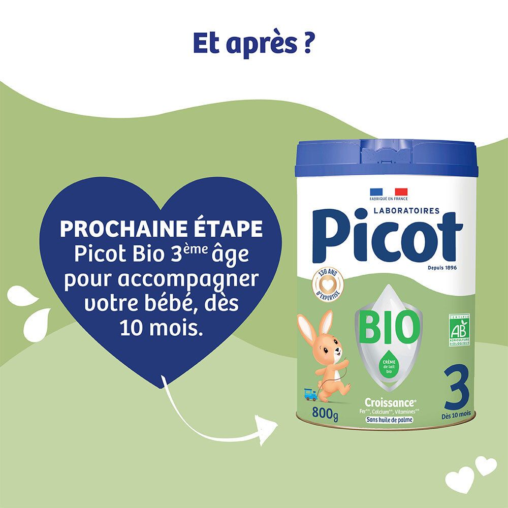 Lait Picot Bio 3ème âge, boîte de 800g avec un lapin et un logo Bio.