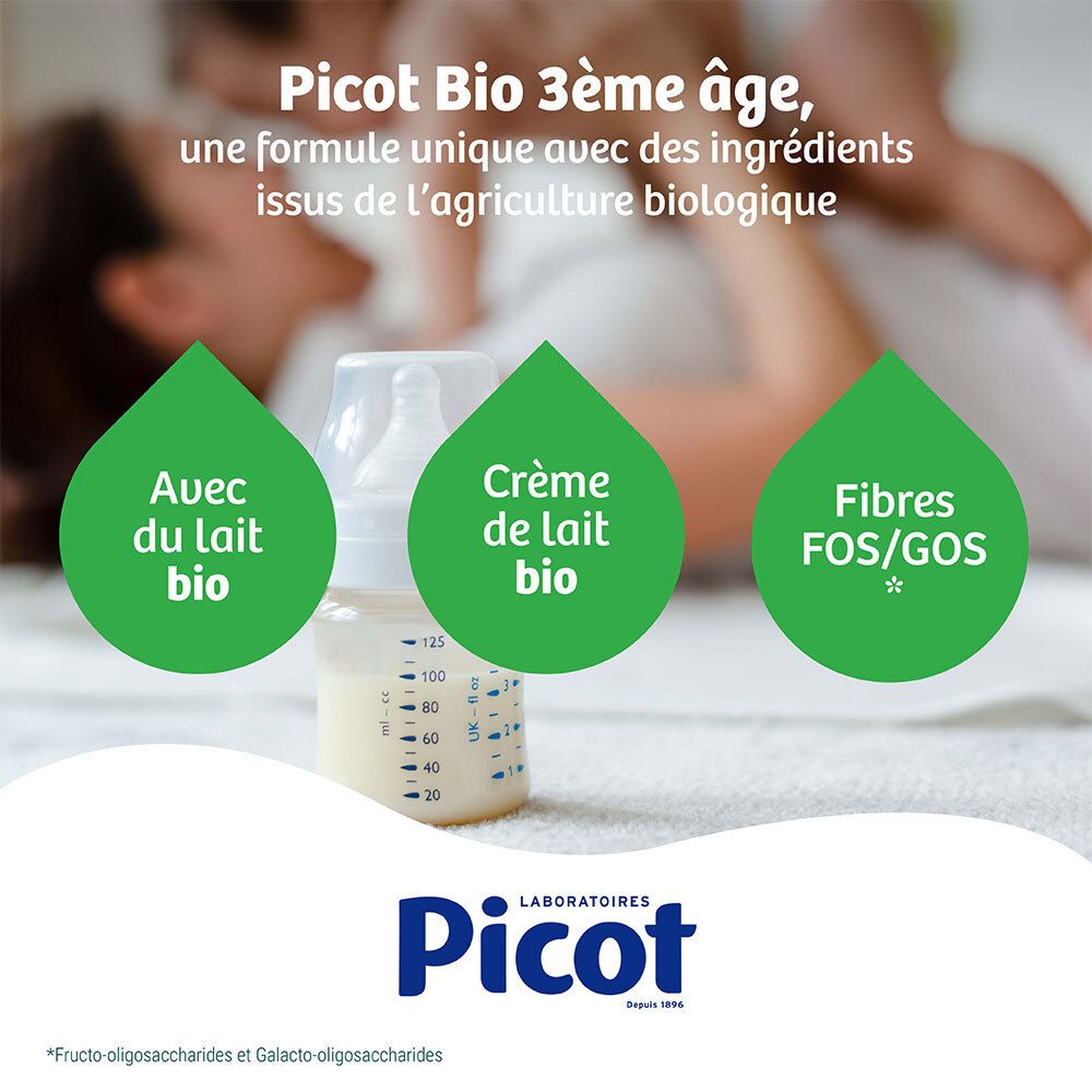 Picot Bio 3 : Biberon avec lait infantile préparé. Icônes pour lait bio, crème bio, fibres FOS/GOS.