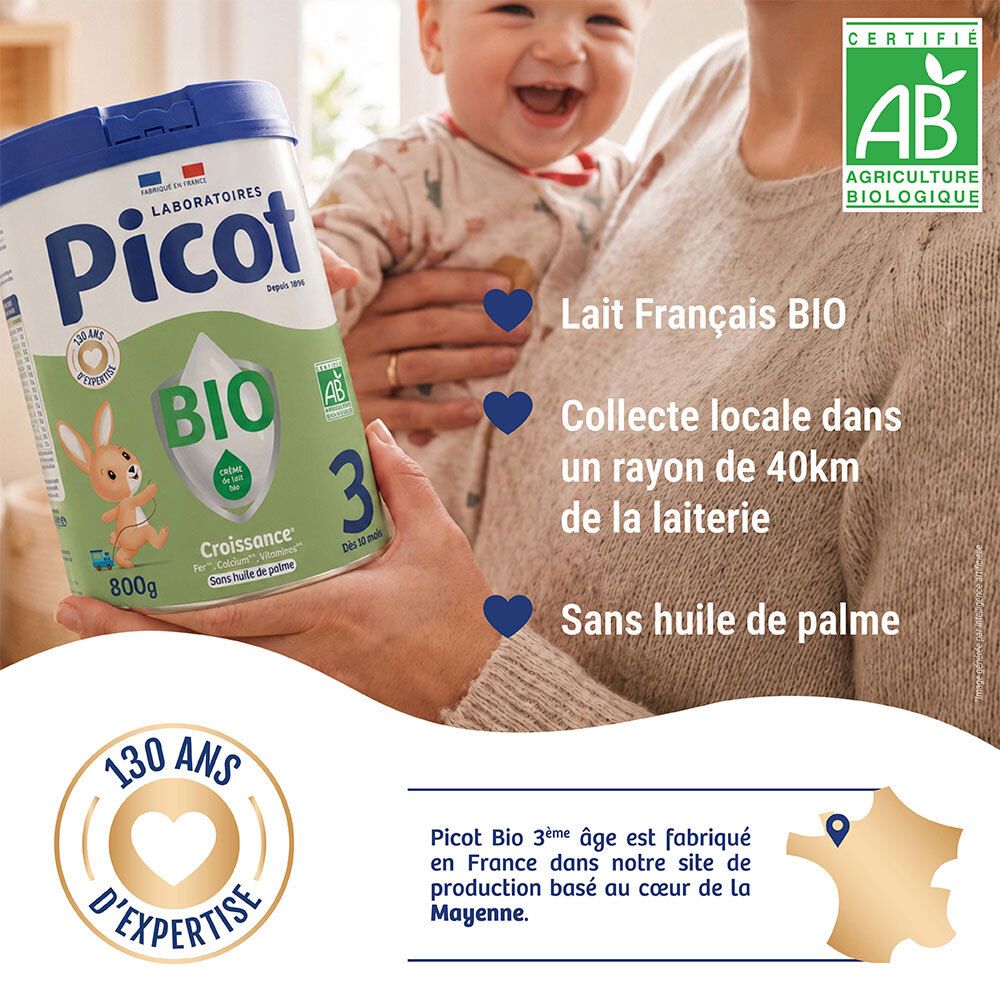 Picot Bio 3 : Boîte tenue par une personne avec bébé. Sceau "AB Agriculture Biologique" et "130 ans d'expertise".