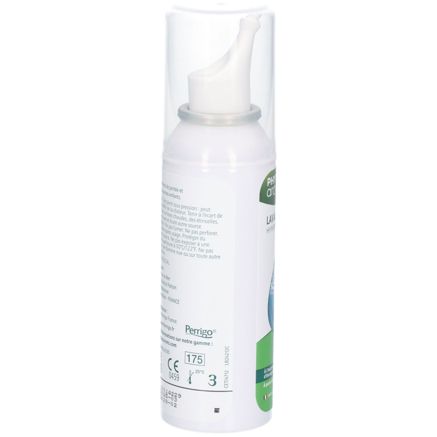 Arrière d'une bouteille de lavage nasal avec marquage CE et numéro de lot.