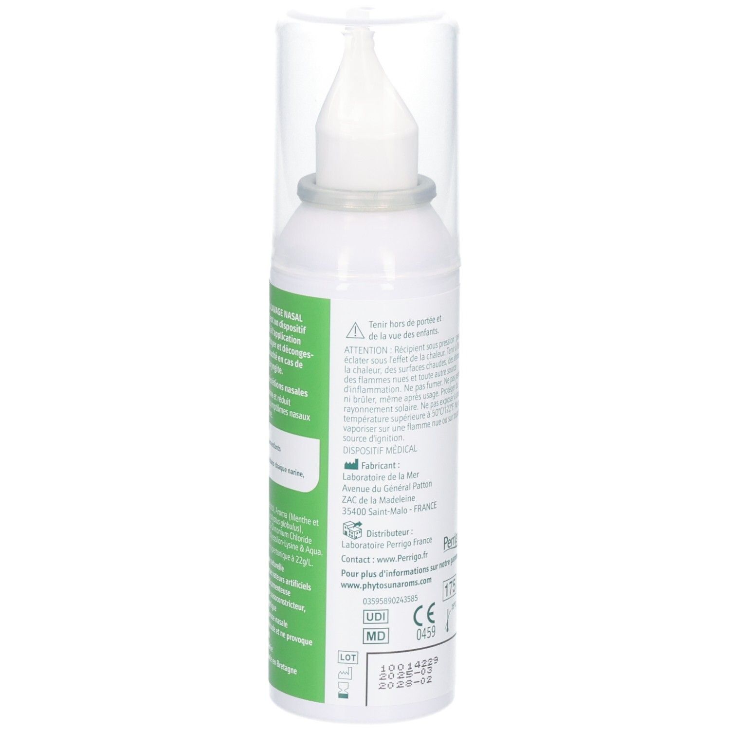 Côté d'une bouteille de lavage nasal avec marquage de dispositif médical et données de lot.