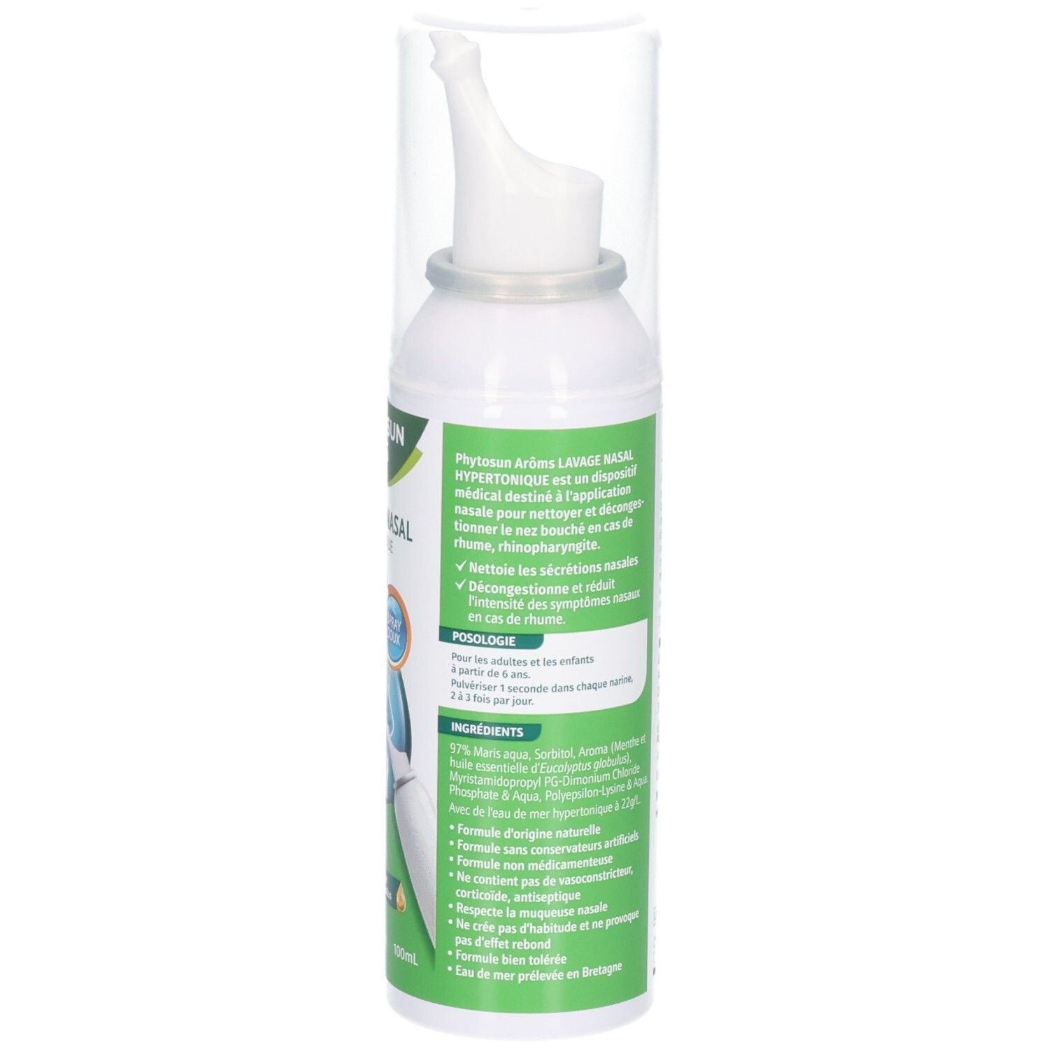 Lavage nasal : flacon avec instructions d'utilisation et ingrédients détaillés.
