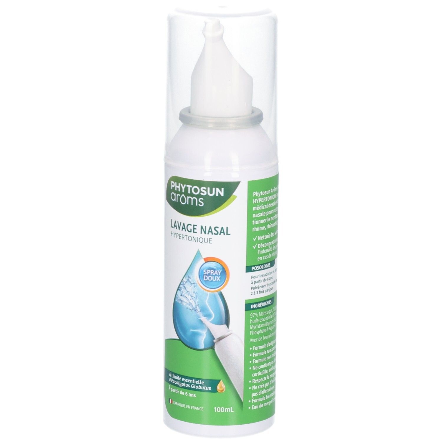 Lavage nasal aux huiles essentielles, flacon avec applicateur et capuchon protecteur.