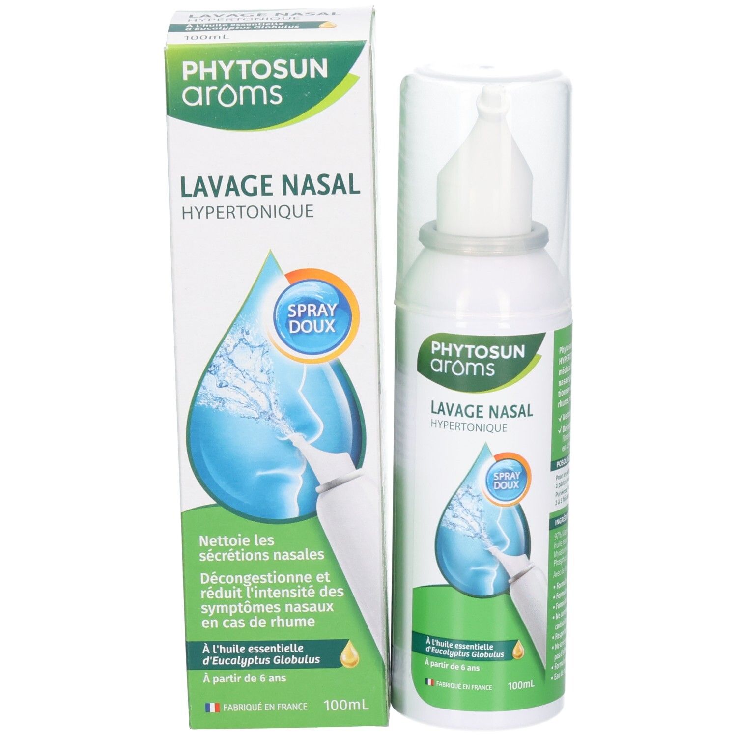 Lavage nasal et emballage avec illustration d'un visage et d'une goutte d'eau.