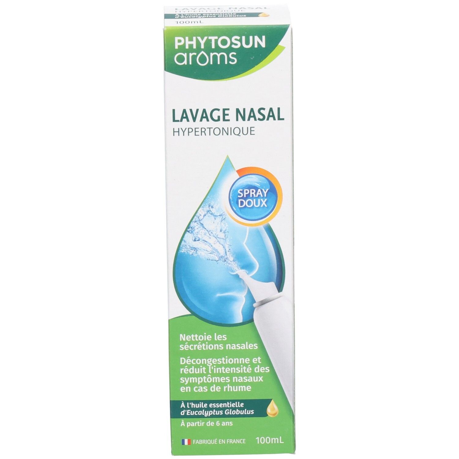 Emballage pour lavage nasal avec instructions d'utilisation et ingrédients détaillés.