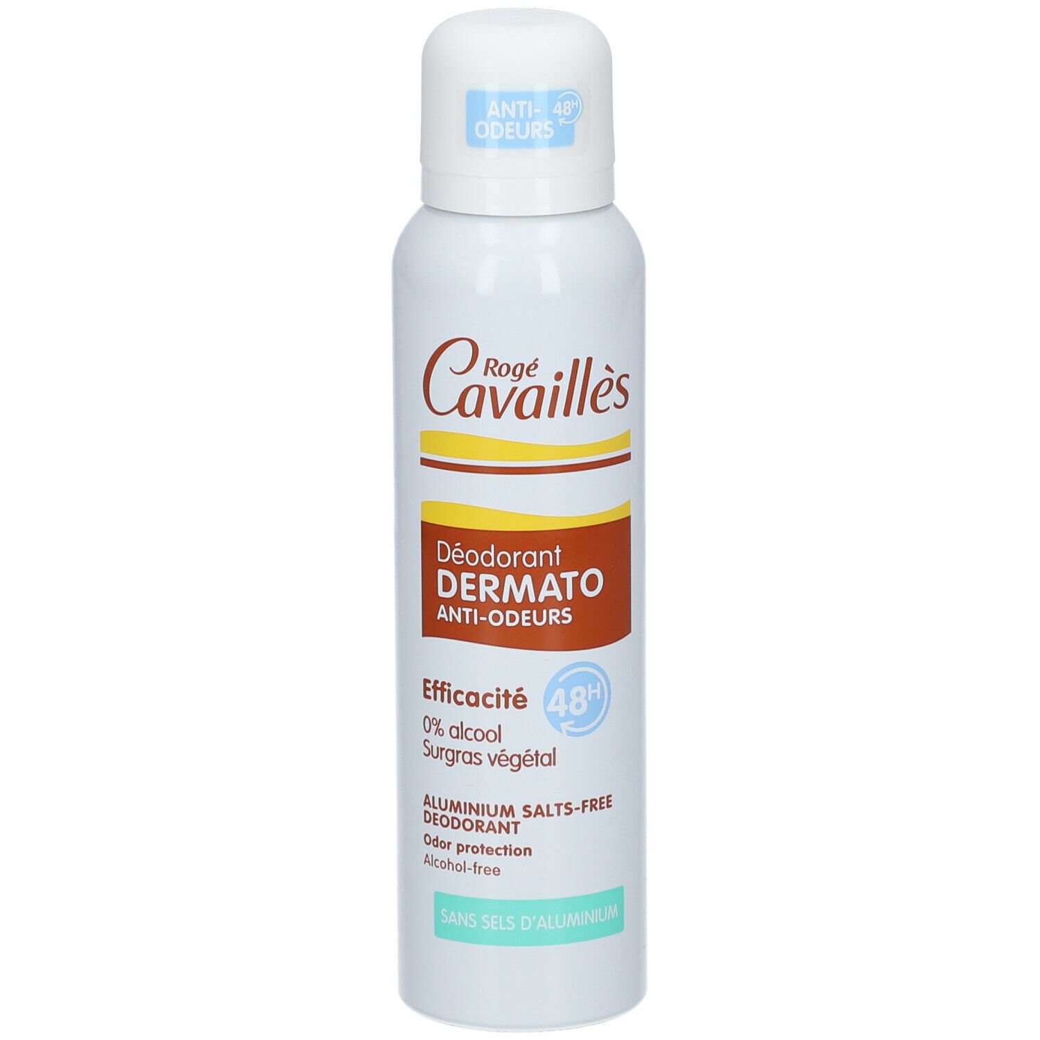Spray déodorant blanc avec accents marron et jaune. Inscription: Rogé Cavaillès, Déodorant Dermato Anti-odeurs, 48H. Sans sels d'aluminium.