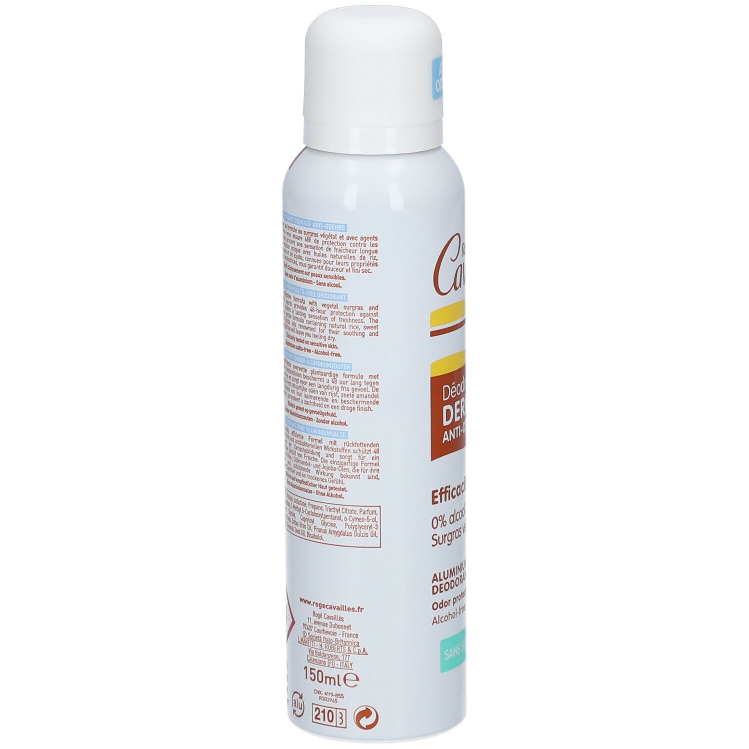 Spray déodorant, flacon blanc avec texte. Inscription: Rogé Cavaillès. Dos avec texte. 150ml. Sans sels d'aluminium. Sans alcool. Sans Surgras végétal.