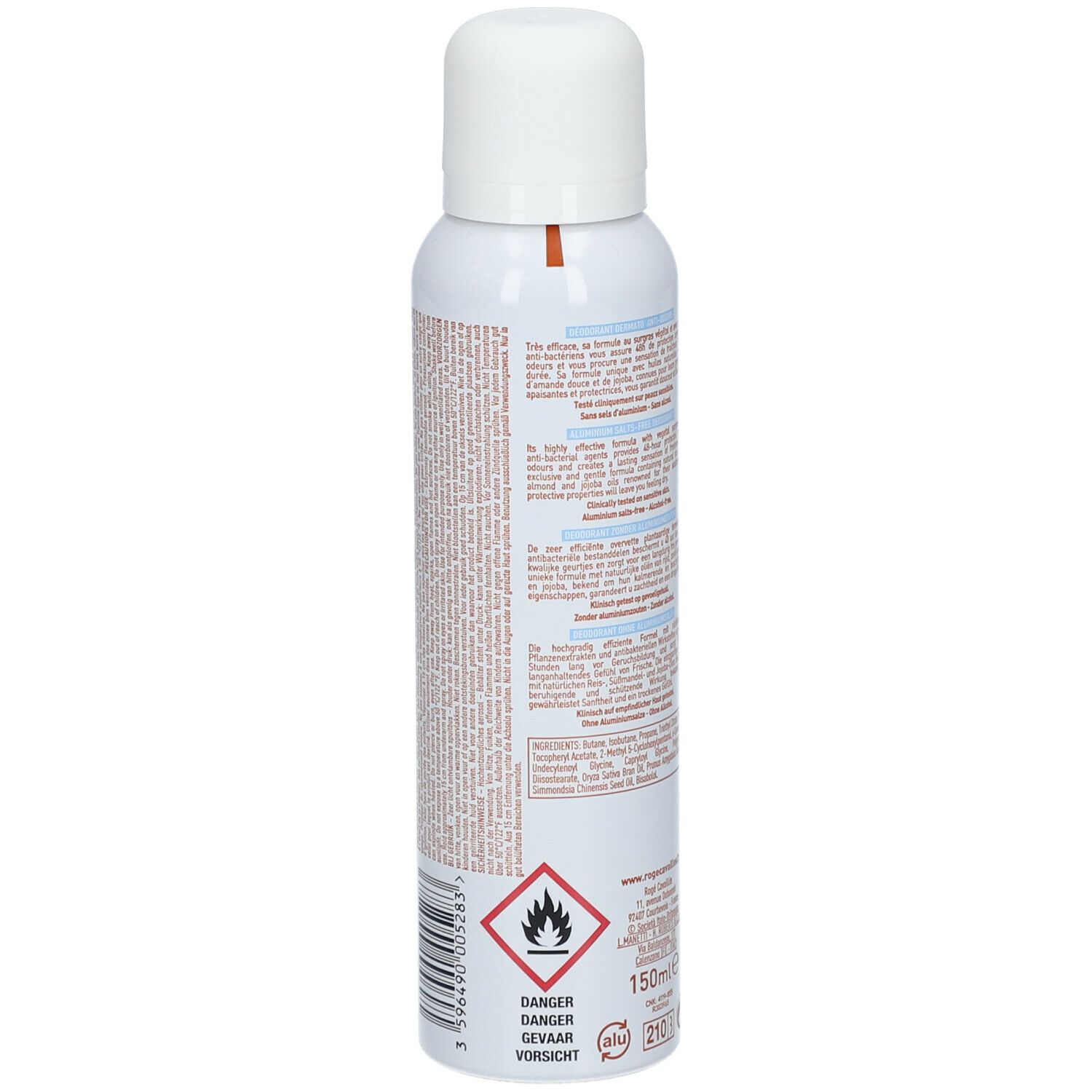 Spray déodorant, flacon blanc avec texte. Inscription: Rogé Cavaillès. Dos avec texte. 150ml. Symbole de danger. Inflammable.