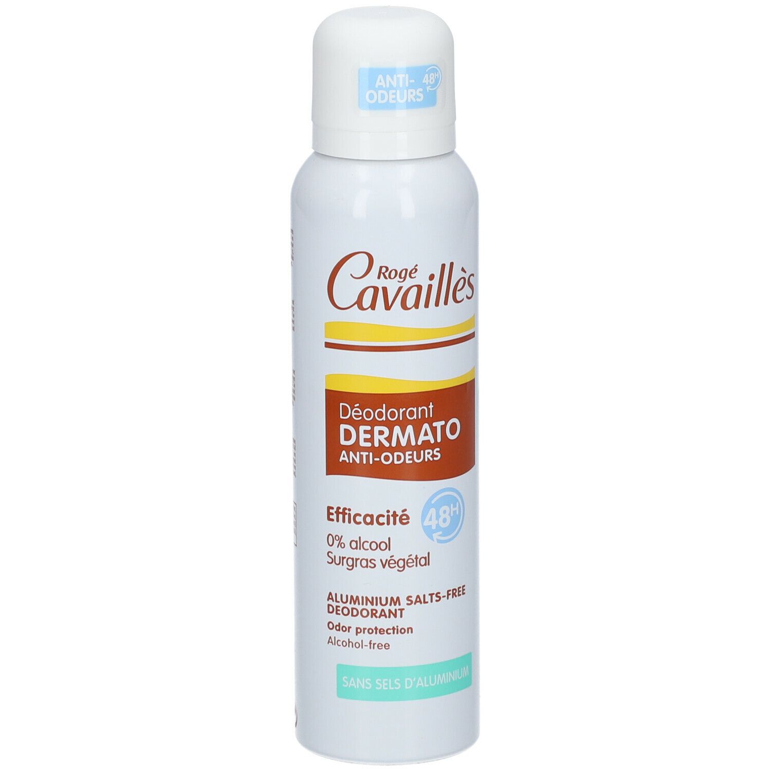Spray déodorant blanc avec accents marron et jaune. Inscription: Rogé Cavaillès, Déodorant Dermato Anti-odeurs, 48H. Sans sels d'aluminium.