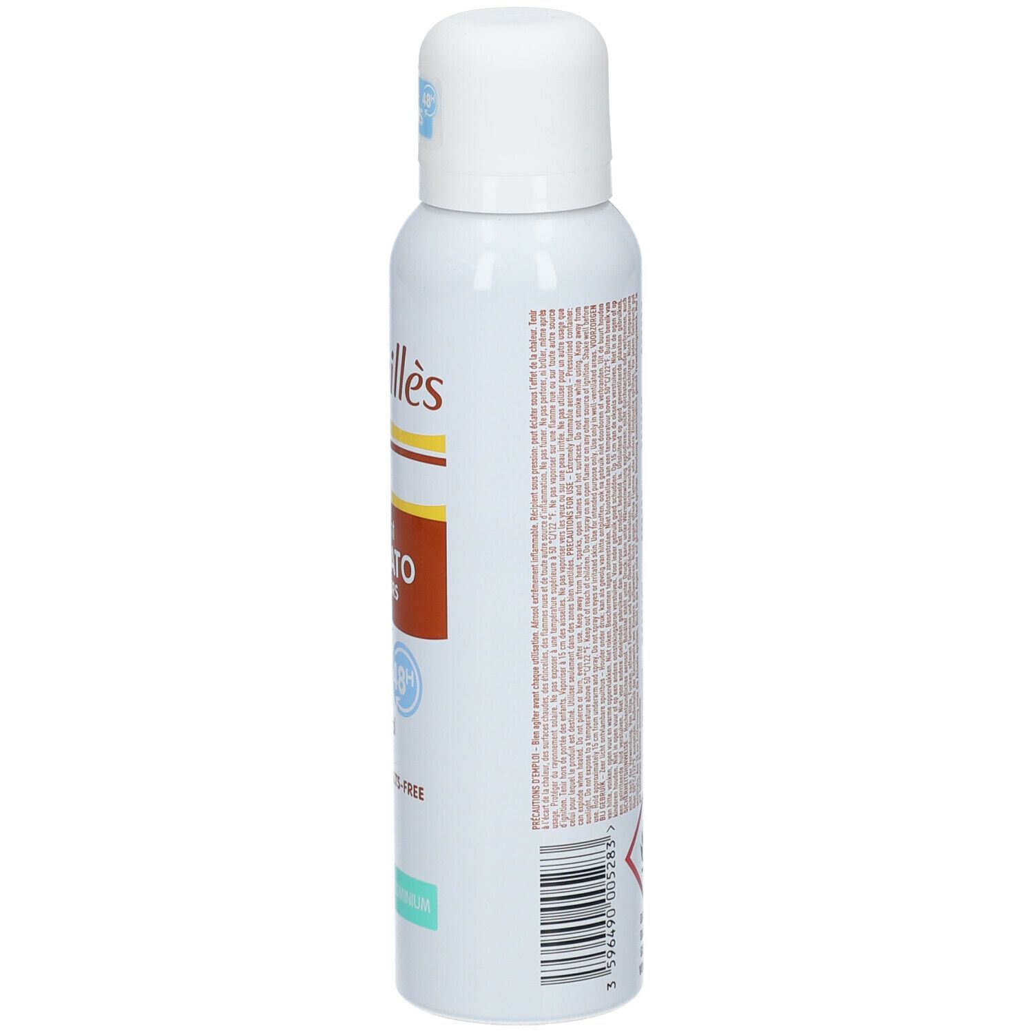 Spray déodorant, flacon blanc avec texte. Inscription: Rogé Cavaillès. Dos avec texte. 150ml. Symbole de danger. Inflammable.