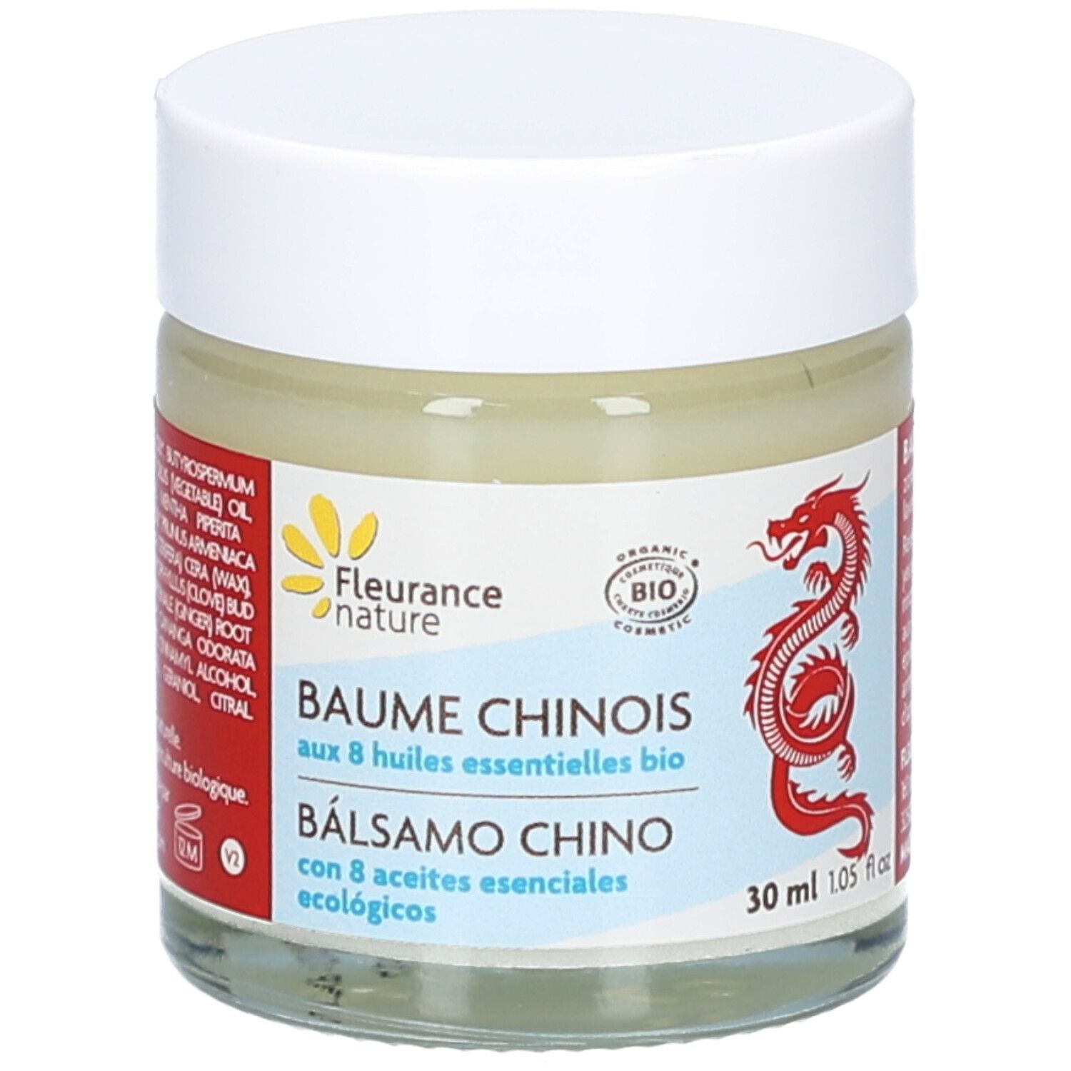 Pot en verre avec couvercle blanc. Inscription: Baume Chinois, Balsamo Chino. Certification bio. Dragon rouge.