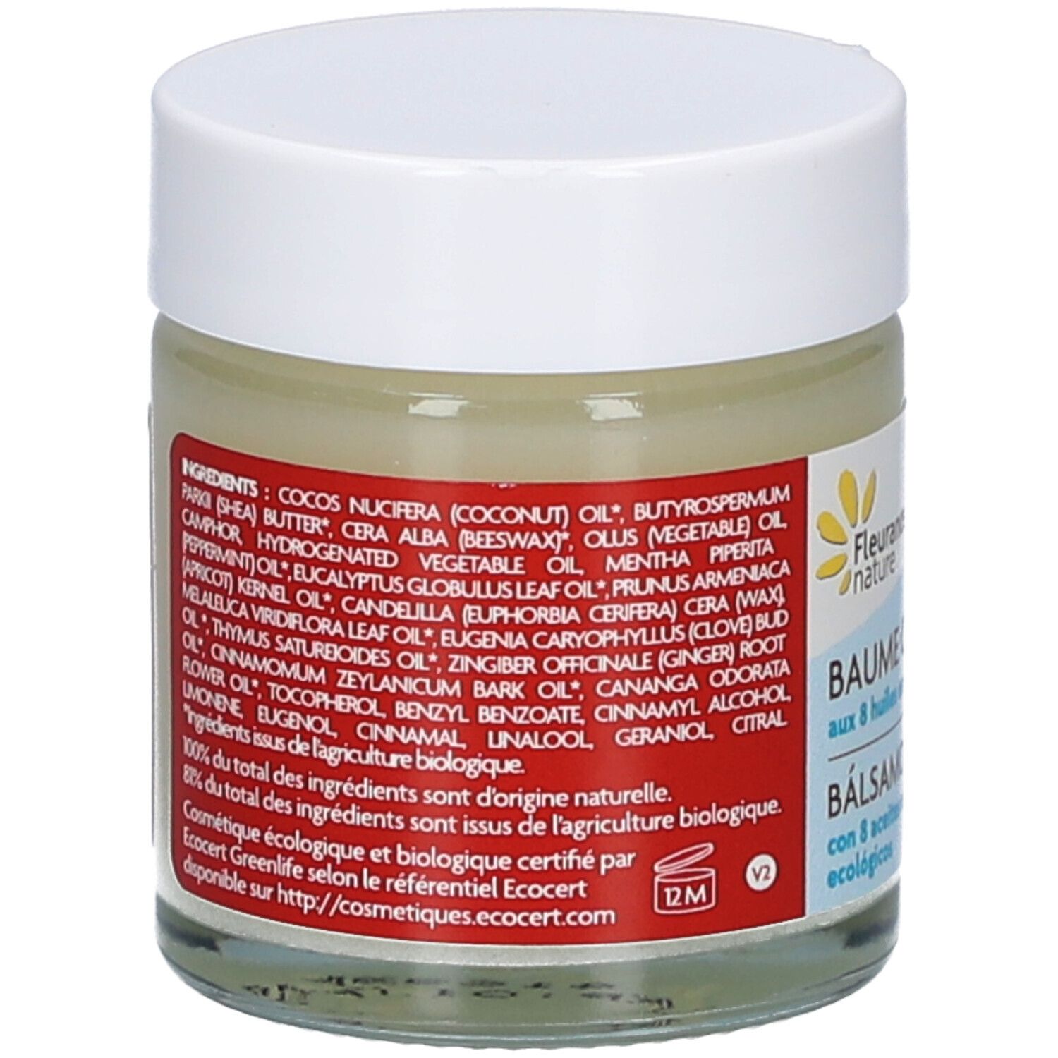 Dos du pot. Liste des ingrédients. Certification bio. Texte en français.