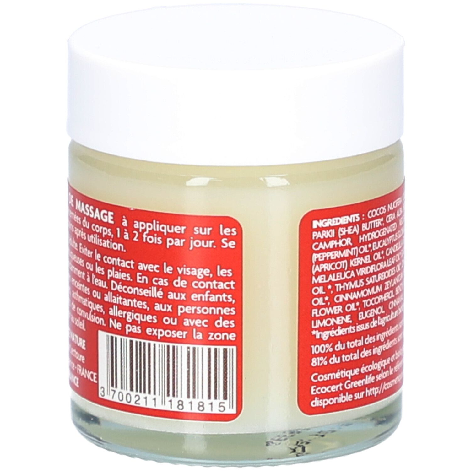 Dos du pot. Mode d'emploi en français. Code-barres. Certification bio.