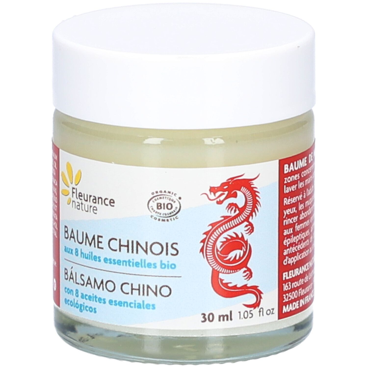 Pot en verre avec couvercle blanc. Inscription: Baume Chinois, Balsamo Chino. Certification bio. Dragon rouge.