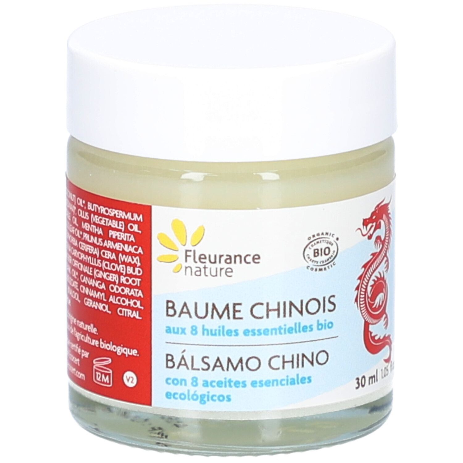 Pot en verre avec couvercle blanc. Inscription: Baume Chinois, Balsamo Chino. Certification bio. Dragon rouge.
