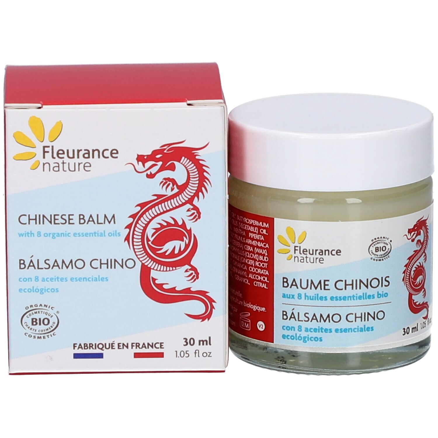 Produit et emballage. Inscription: Chinese Balm, Balsamo Chino. Certification bio. Dragon rouge.