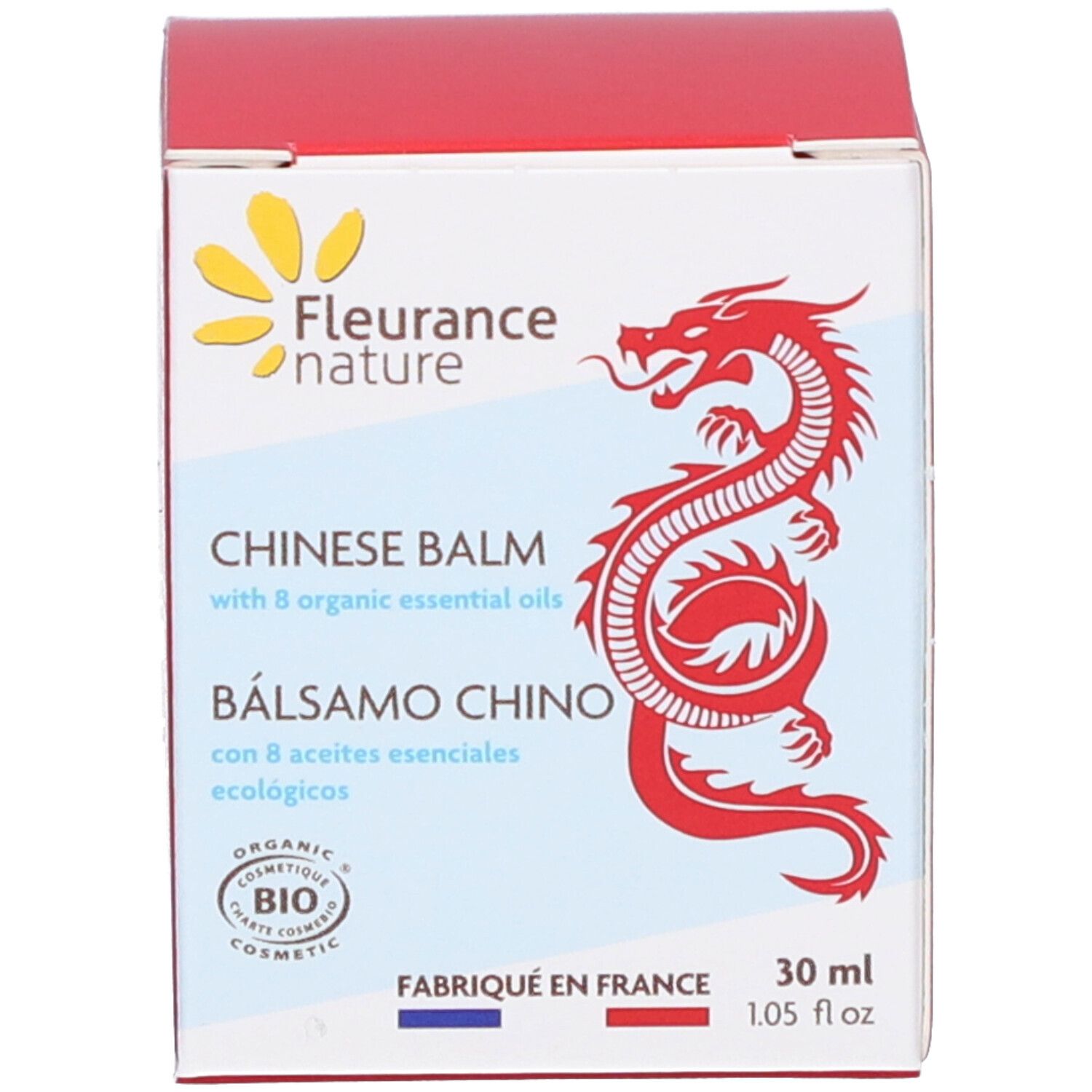 Emballage. Inscription: Chinese Balm, Balsamo Chino. Certification bio. Dragon rouge. 30 ml.