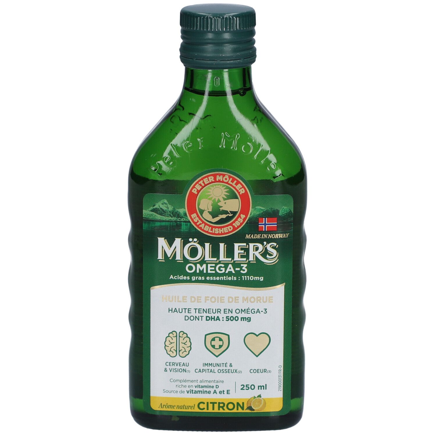 Flacon en verre vert avec étiquette. "Möller's Omega-3" et "Aroma Zitrone" visibles. Contient des acides gras oméga-3.