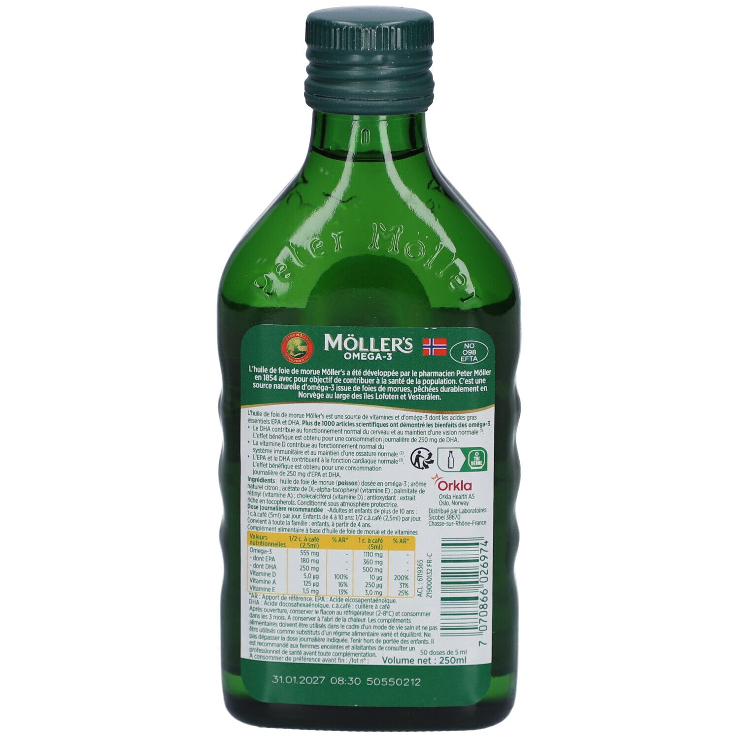 Dos du flacon en verre vert. Étiquette avec informations sur les ingrédients et les valeurs nutritionnelles. "Möller's Omega-3".