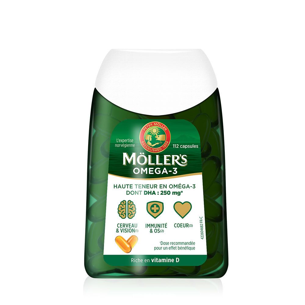 Flacon vert de gélules Omega-3. Bouchon blanc. Inscription: Möllers Omega-3. Contient 112 capsules. Avec DHA et vitamine D.
