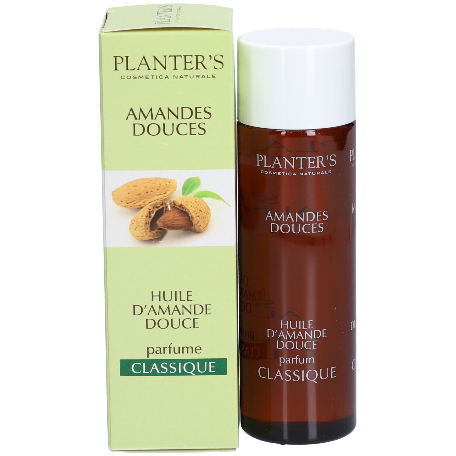 Flacon brun et boîte avec nom du produit et illustration d'amandes. Texte: Huile d'Amande Douce, Parfum Classique.