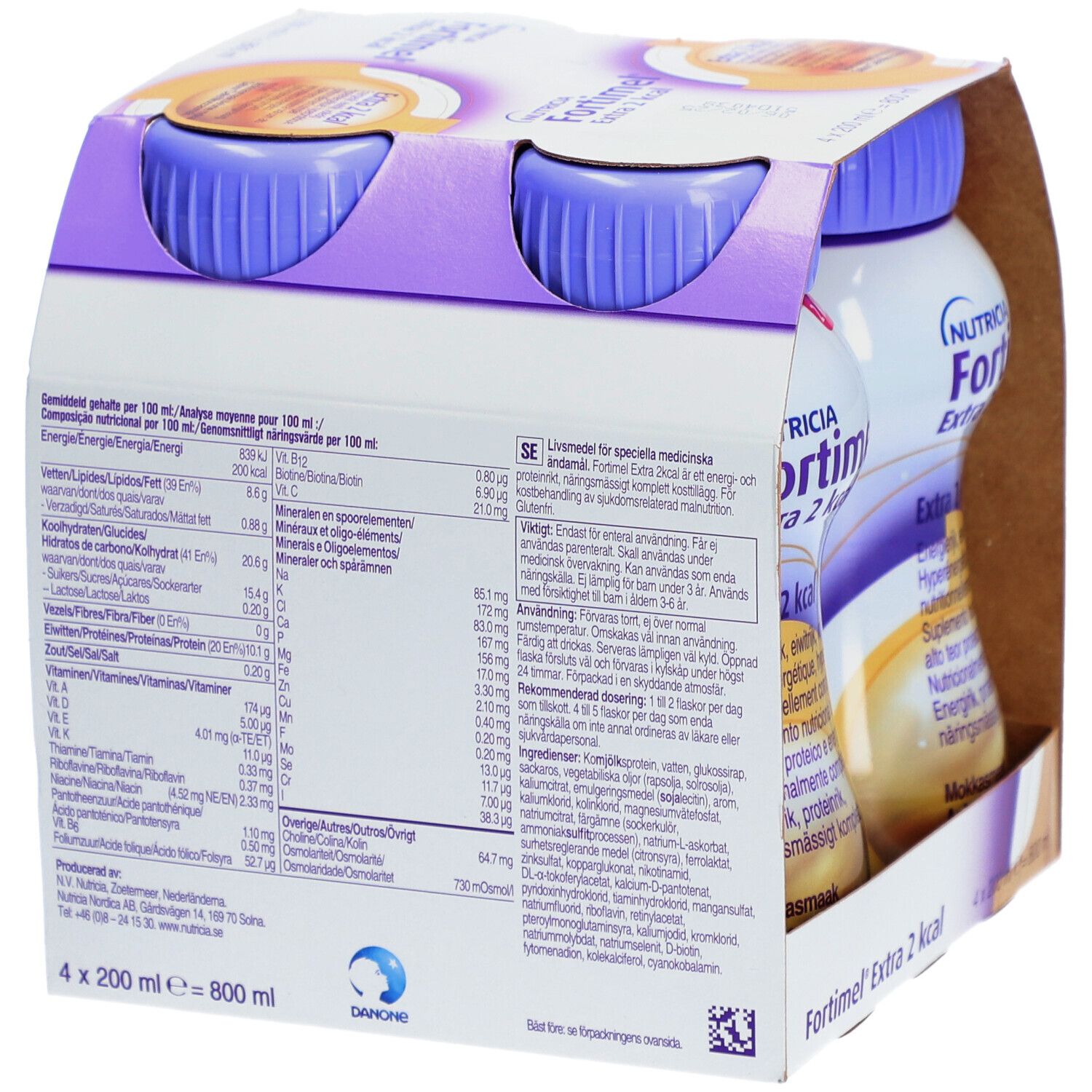 Emballage de quatre bouteilles Fortimel Extra 2 kcal. Arrière de l'emballage avec informations nutritionnelles et ingrédients.