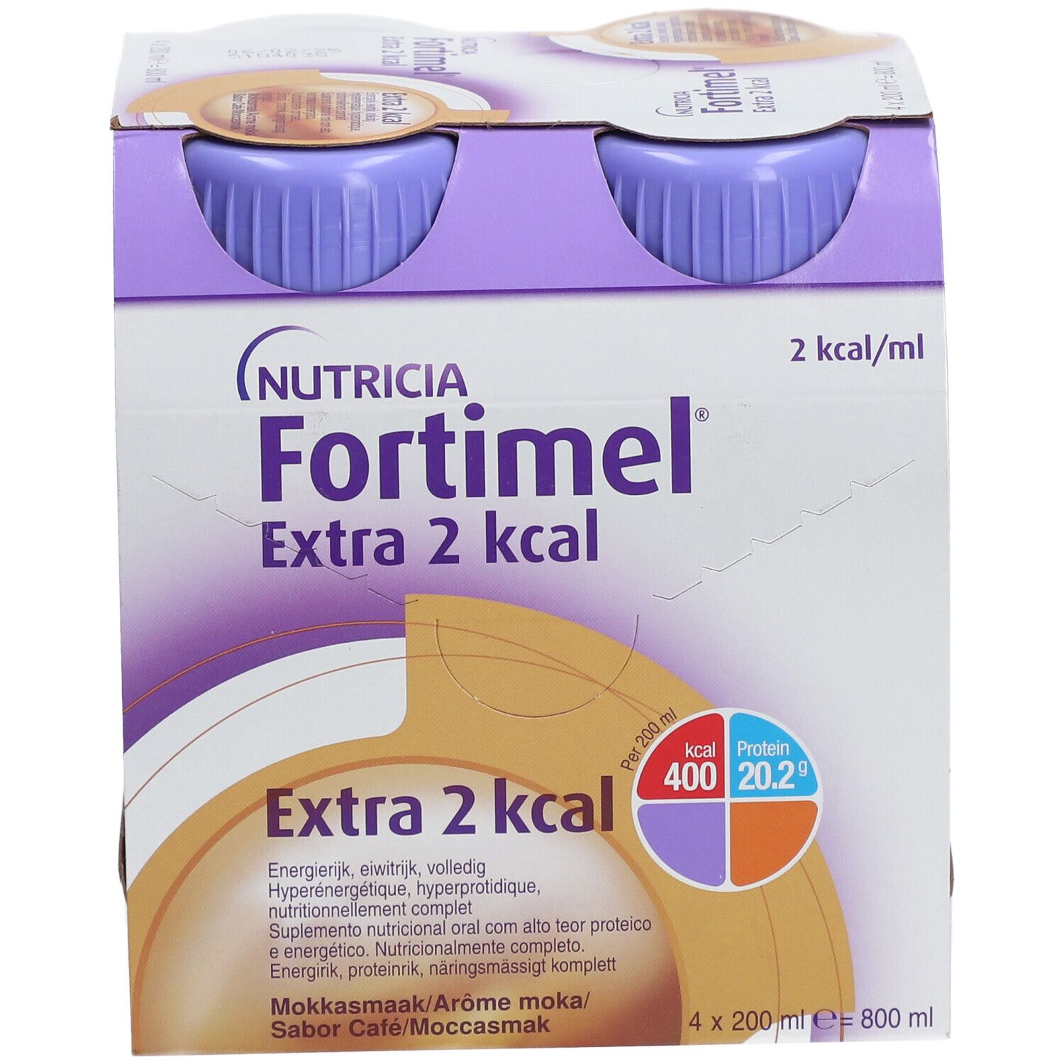 Emballage de quatre bouteilles Fortimel Extra 2 kcal. Inscription : Nutricia, 2 kcal/ml, goût moka. Informations nutritionnelles.