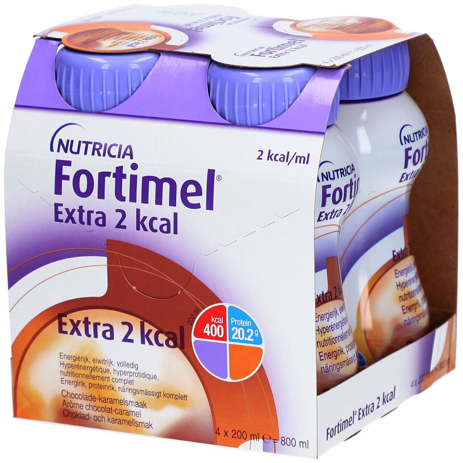 Emballage Nutricia Fortimel Extra 2 kcal, chocolat-caramel. Contient 4 bouteilles. Inscription : 2 kcal/ml, 400 kcal, 20,2 protéines.