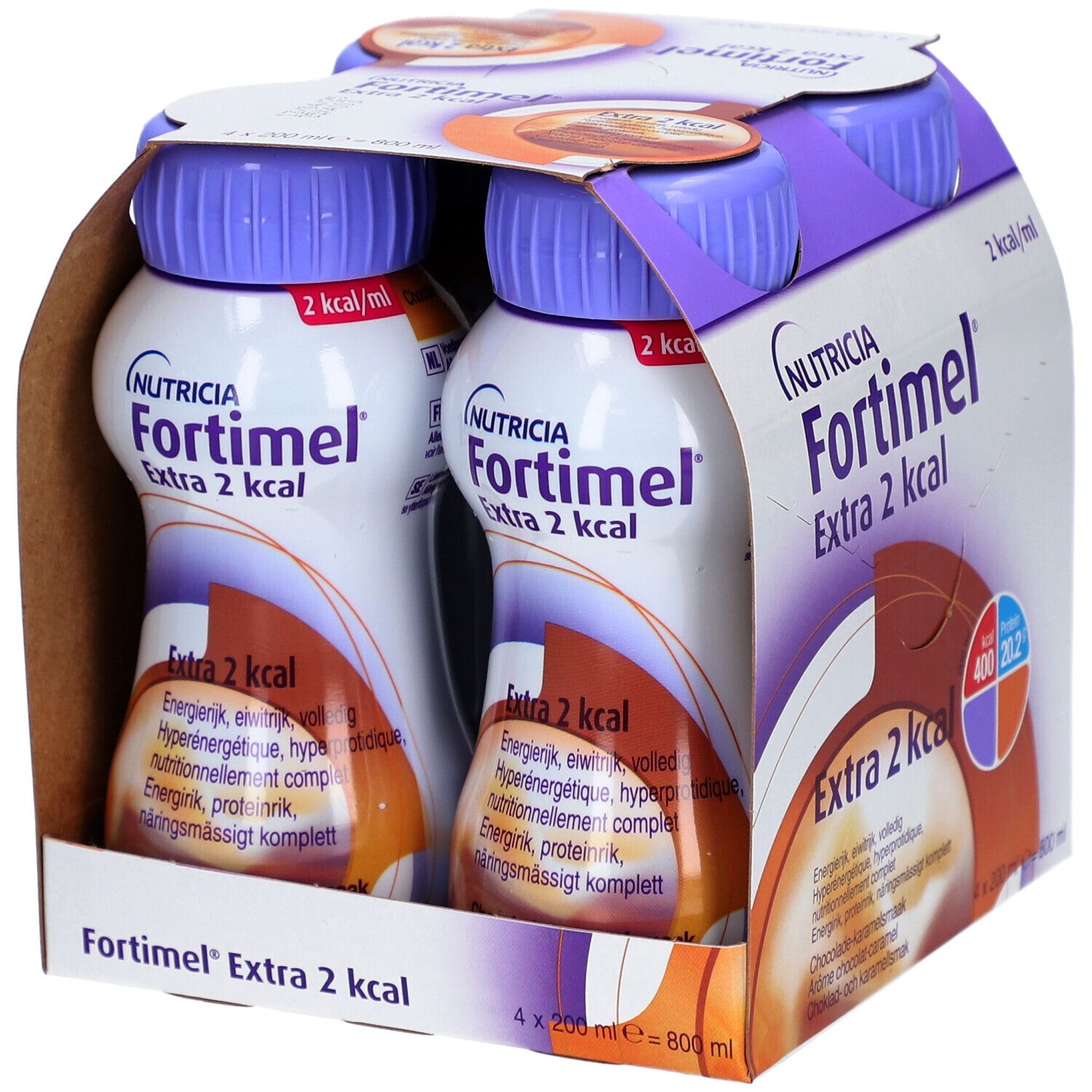 Emballage Nutricia Fortimel Extra 2 kcal, chocolat-caramel. Contient 4 bouteilles. Inscription : 2 kcal/ml, 400 kcal, 20,2 protéines.