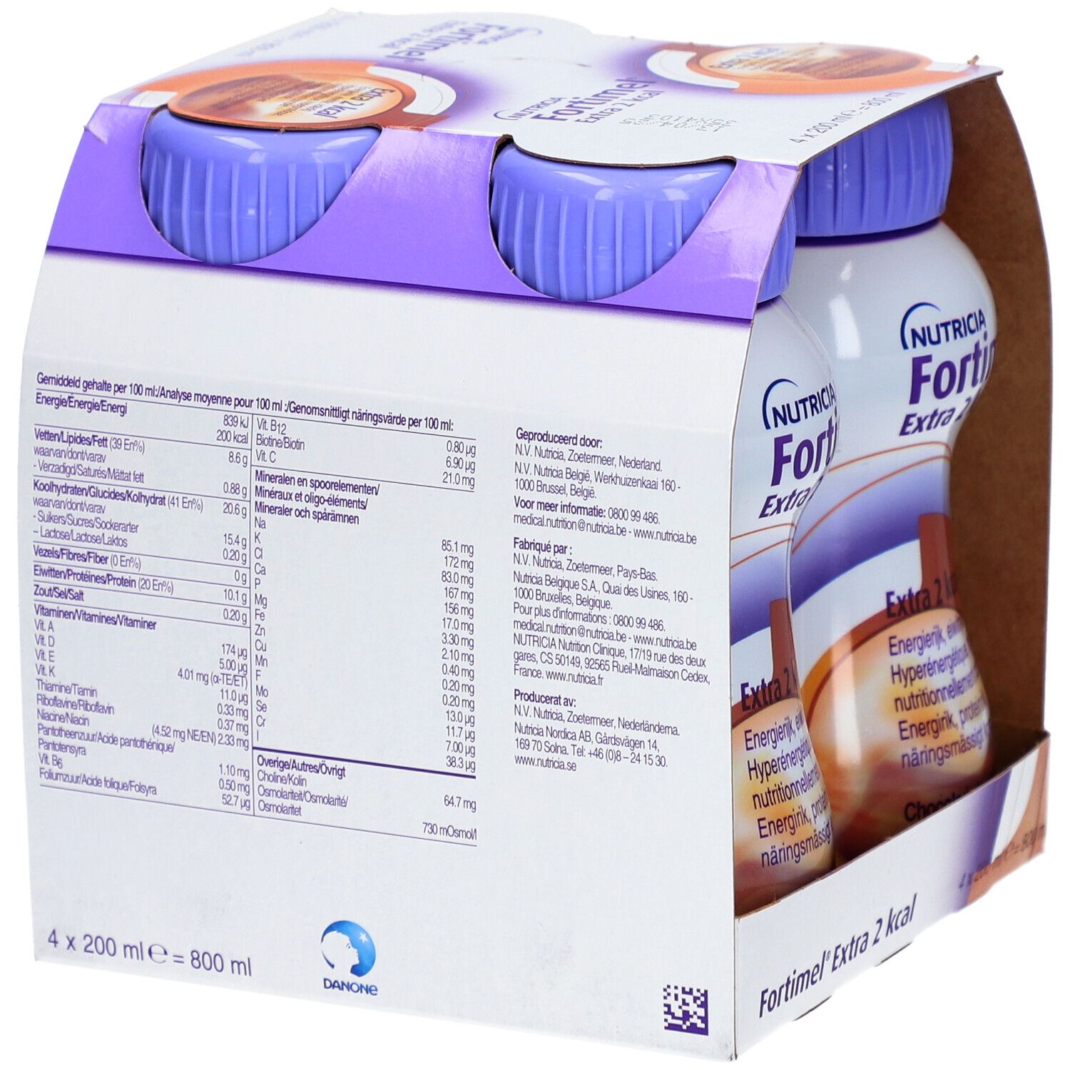 Emballage Nutricia Fortimel Extra 2 kcal, chocolat-caramel. Contient 4 bouteilles. Inscription : 2 kcal/ml, 400 kcal, 20,2 protéines.