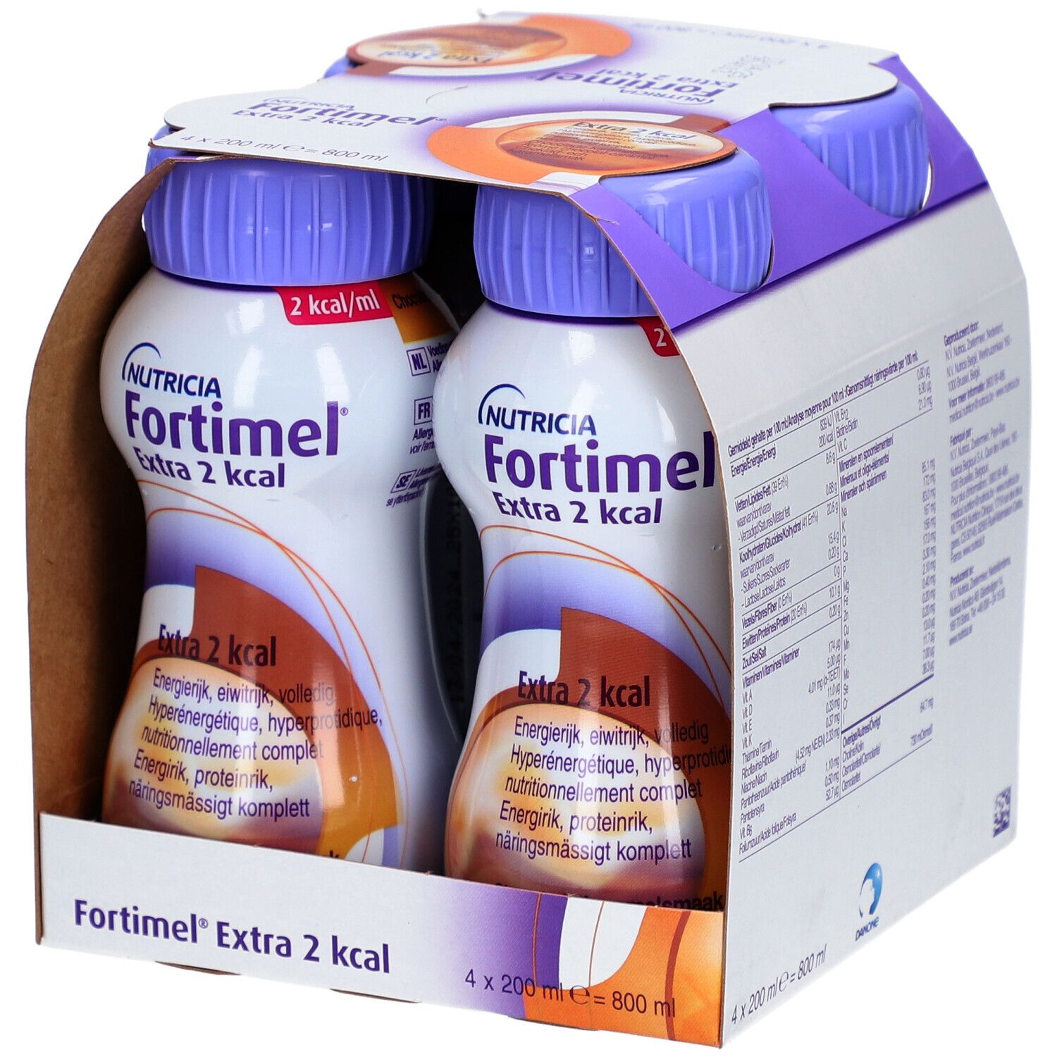 Emballage Nutricia Fortimel Extra 2 kcal, chocolat-caramel. Contient 4 bouteilles. Inscription : 2 kcal/ml, 400 kcal, 20,2 protéines.
