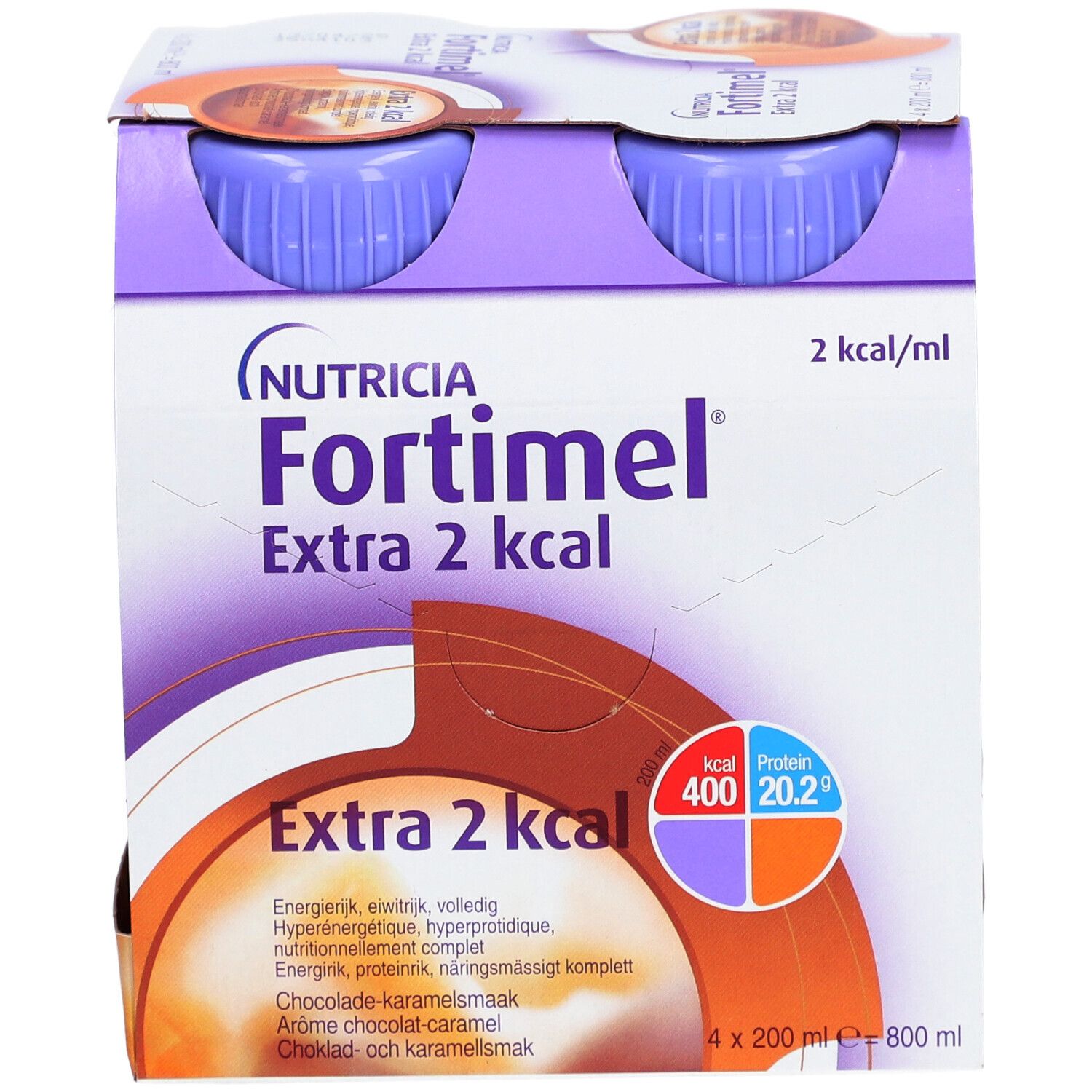 Emballage Nutricia Fortimel Extra 2 kcal, chocolat-caramel. Contient 4 bouteilles. Inscription : 2 kcal/ml, 400 kcal, 20,2 protéines.