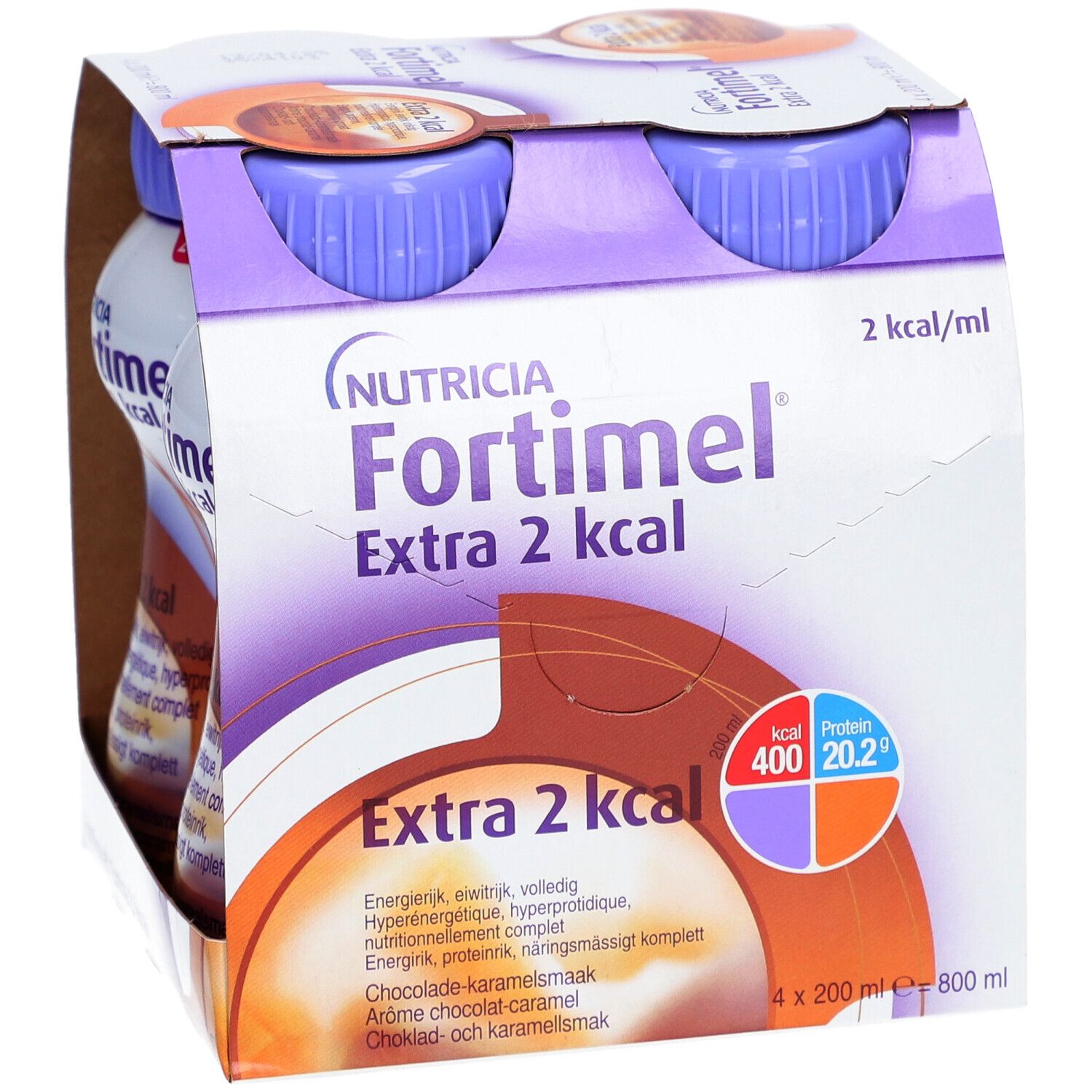 Emballage Nutricia Fortimel Extra 2 kcal, chocolat-caramel. Contient 4 bouteilles. Inscription : 2 kcal/ml, 400 kcal, 20,2 protéines.