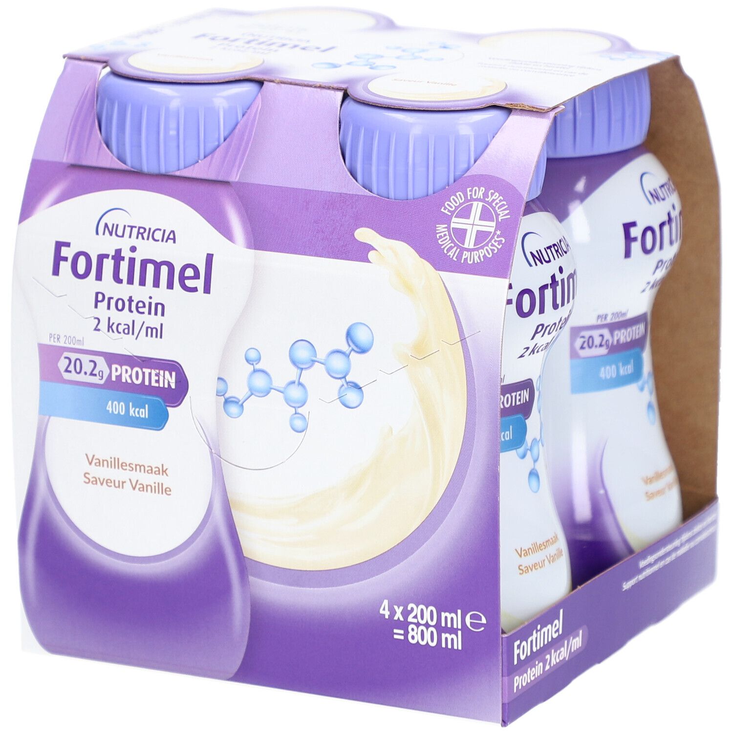 Emballage de quatre bouteilles. Inscription : Nutricia Fortimel Protein 2 kcal/ml. Arôme vanille. 20,2g protéines, 400 kcal.