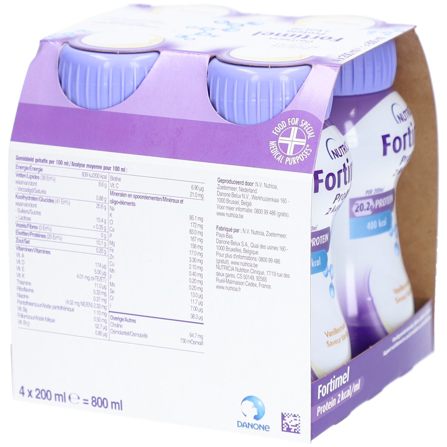 Emballage de quatre bouteilles. Inscription : Nutricia Fortimel Protein 2 kcal/ml. Arôme vanille. Informations nutritionnelles.