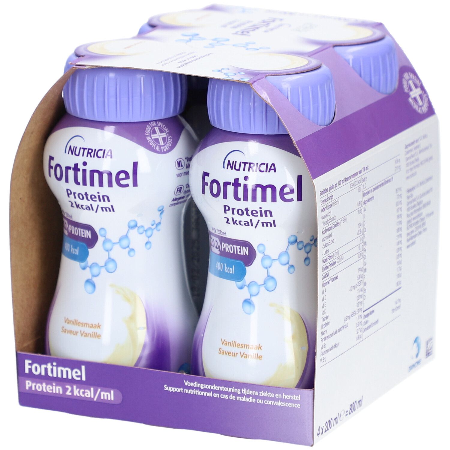 Emballage de quatre bouteilles. Inscription : Nutricia Fortimel Protein 2 kcal/ml. Arôme vanille. 20,2g protéines, 400 kcal.