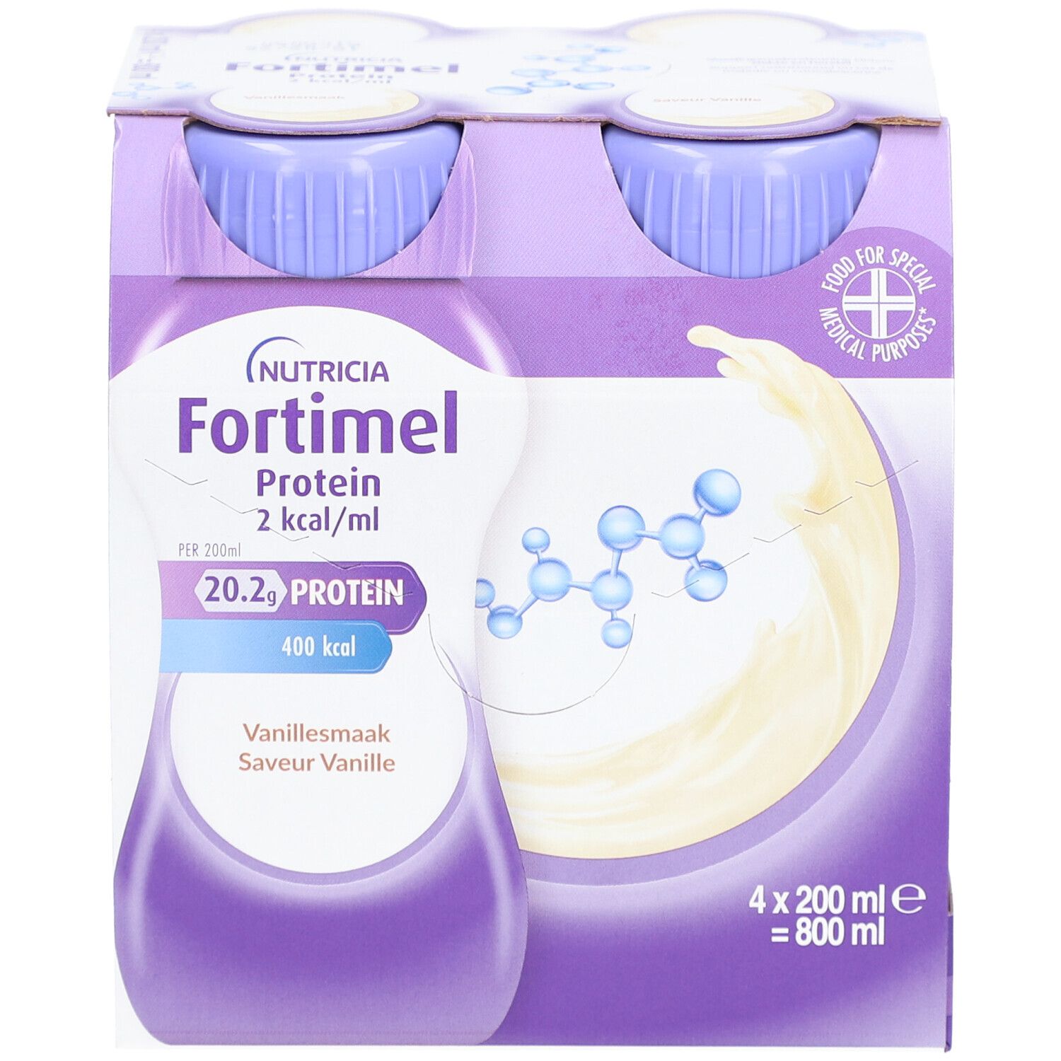 Bouteille Nutricia Fortimel Protein 2 kcal/ml. Arôme vanille. 20,2g protéines, 400 kcal. Bouteille avec liquide.