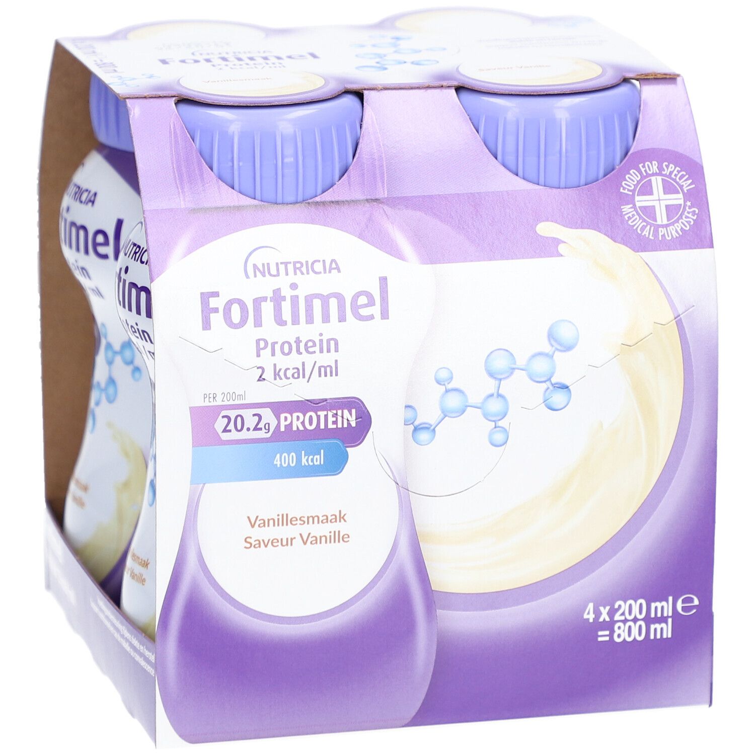 Bouteille Nutricia Fortimel Protein 2 kcal/ml. Arôme vanille. 20,2g protéines, 400 kcal. Bouteille avec liquide.