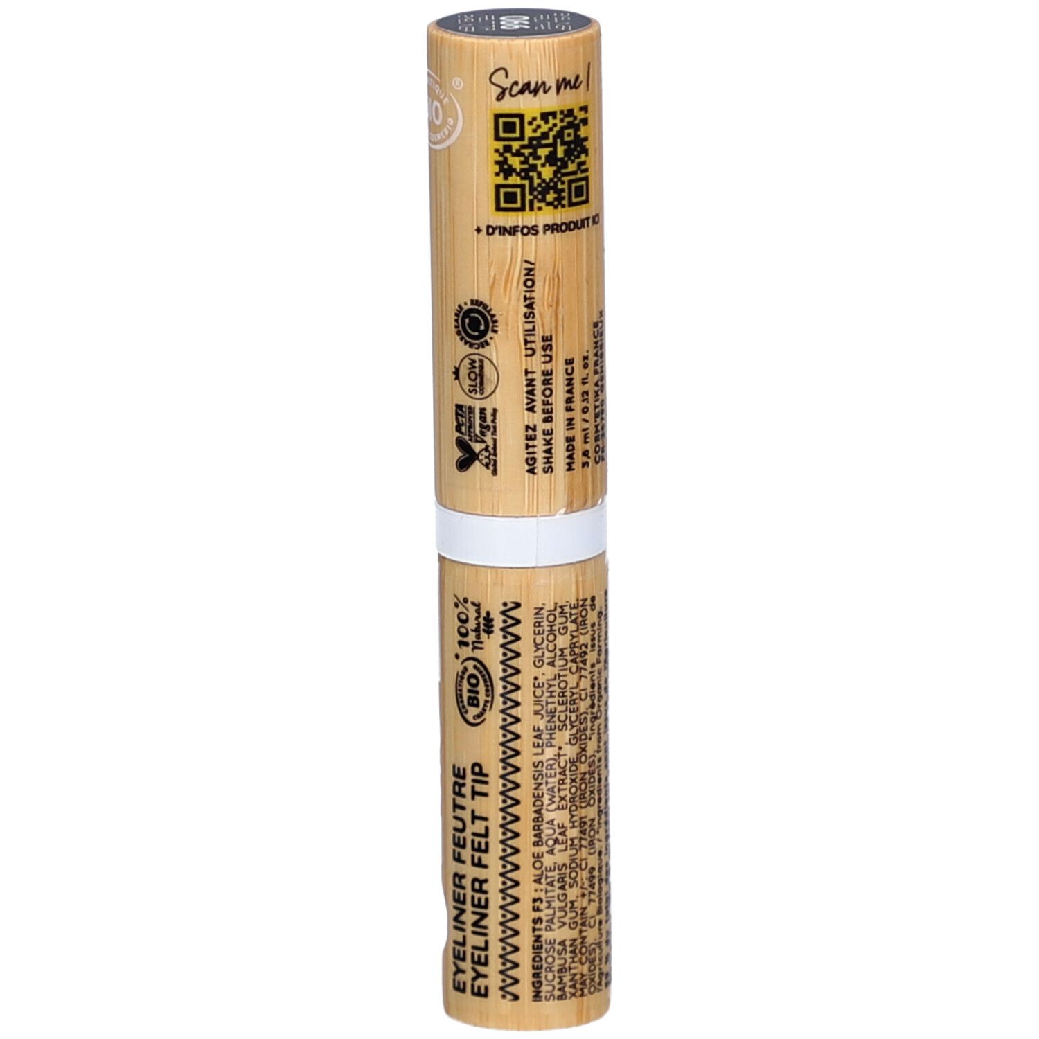 Feutre eyeliner en bambou. Inscription: ZAO, EYELINER FEUTRE FELT TIP. Code QR et ingrédients.