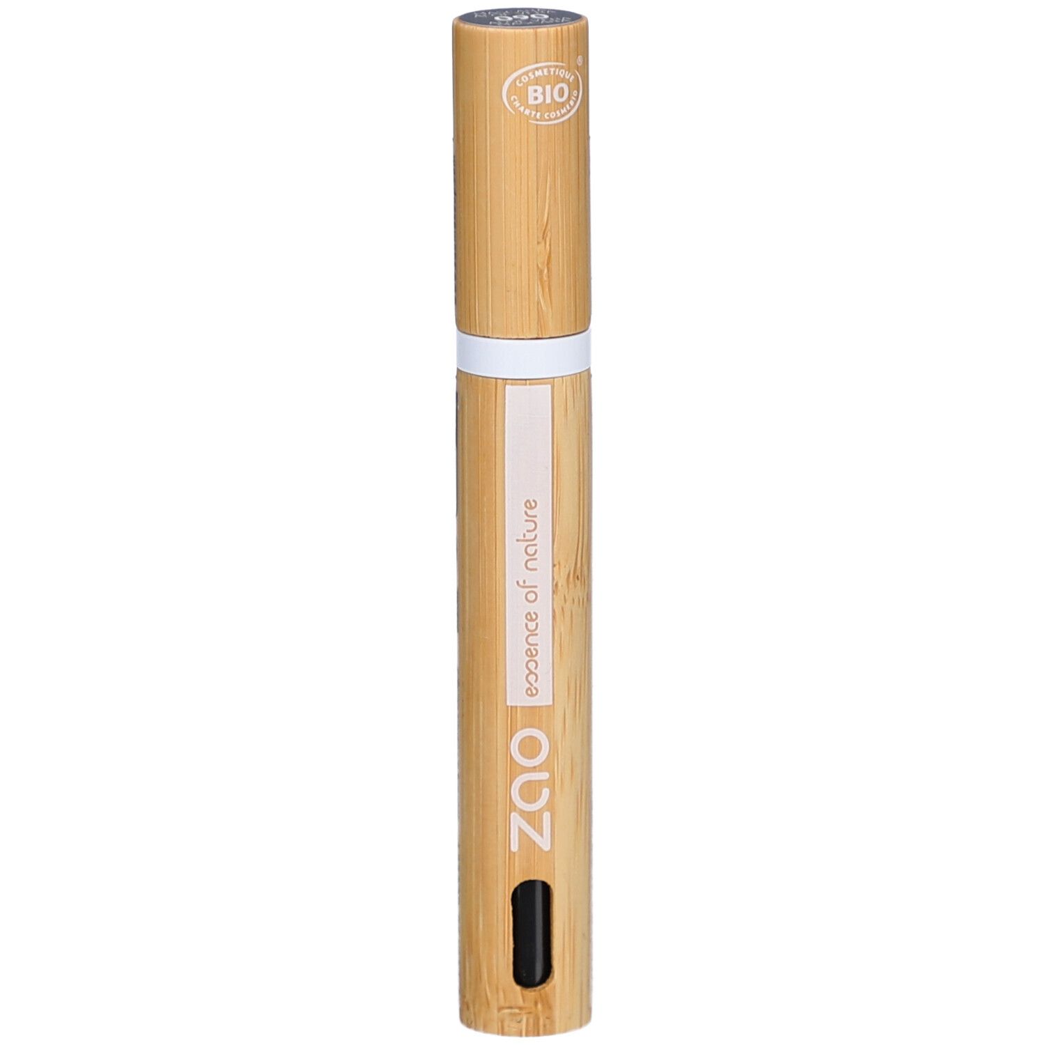 Tube de mascara en bambou. Bande blanche, applicateur noir. Inscription: ZAO, essence of nature. Certification bio.