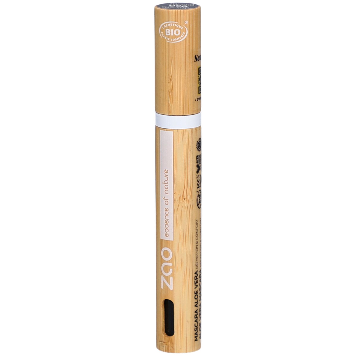 Tube de mascara en bambou. Inscription: ZAO, essence of nature, Mascara Aloe Vera. Certification bio.