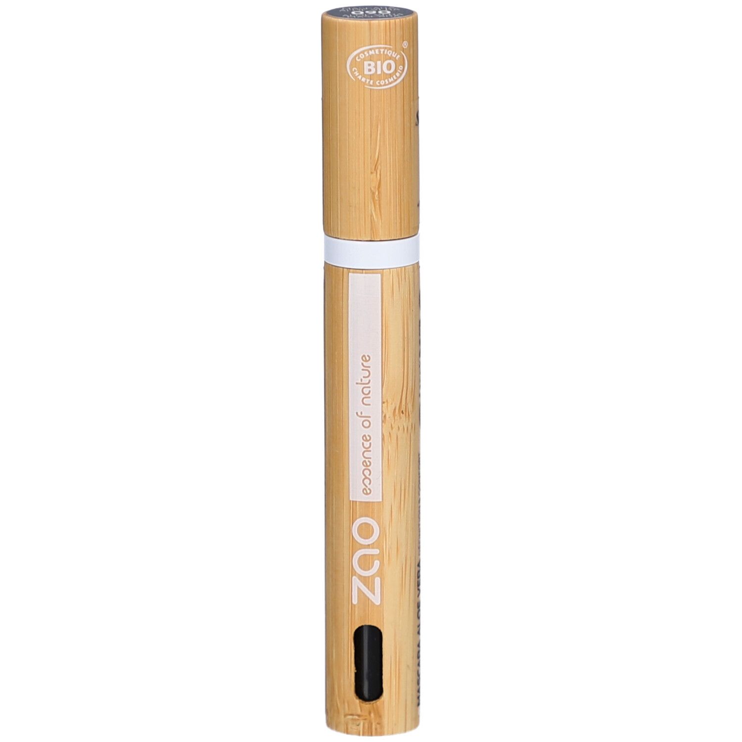 Tube de mascara en bambou. Inscription: ZAO, essence of nature. Applicateur noir. Certification bio.