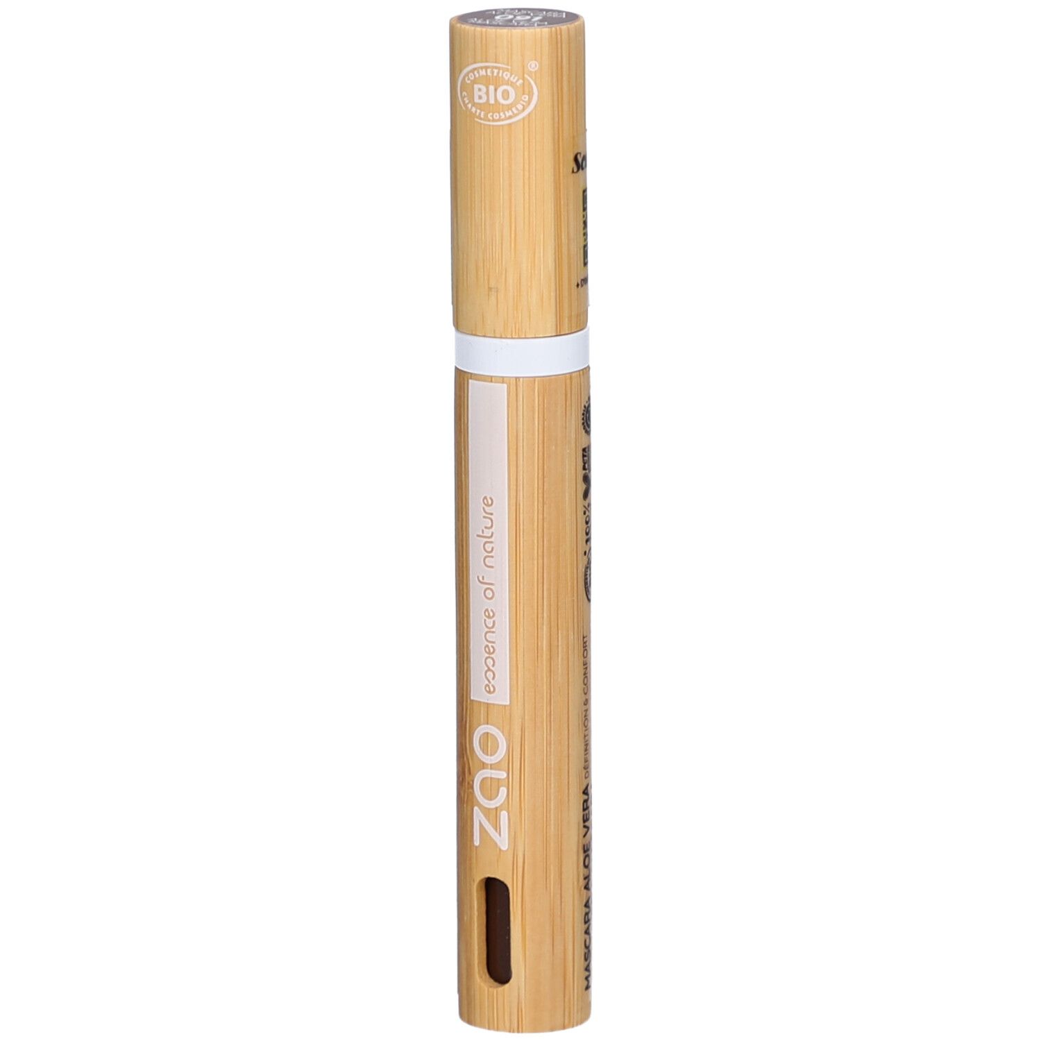 Tube de mascara en bambou. Bande blanche, inscription ZAO, essence of nature. Certification bio.