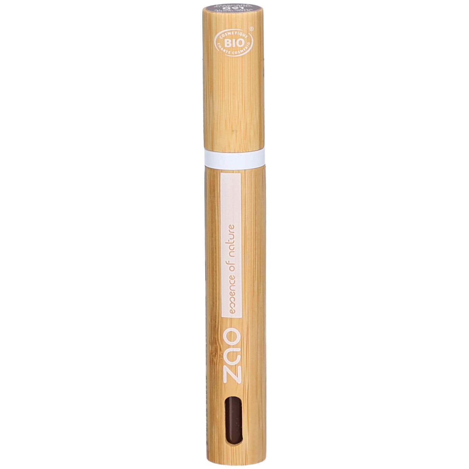 Tube de mascara en bambou. Bande blanche, inscription ZAO, essence of nature. Certification bio.