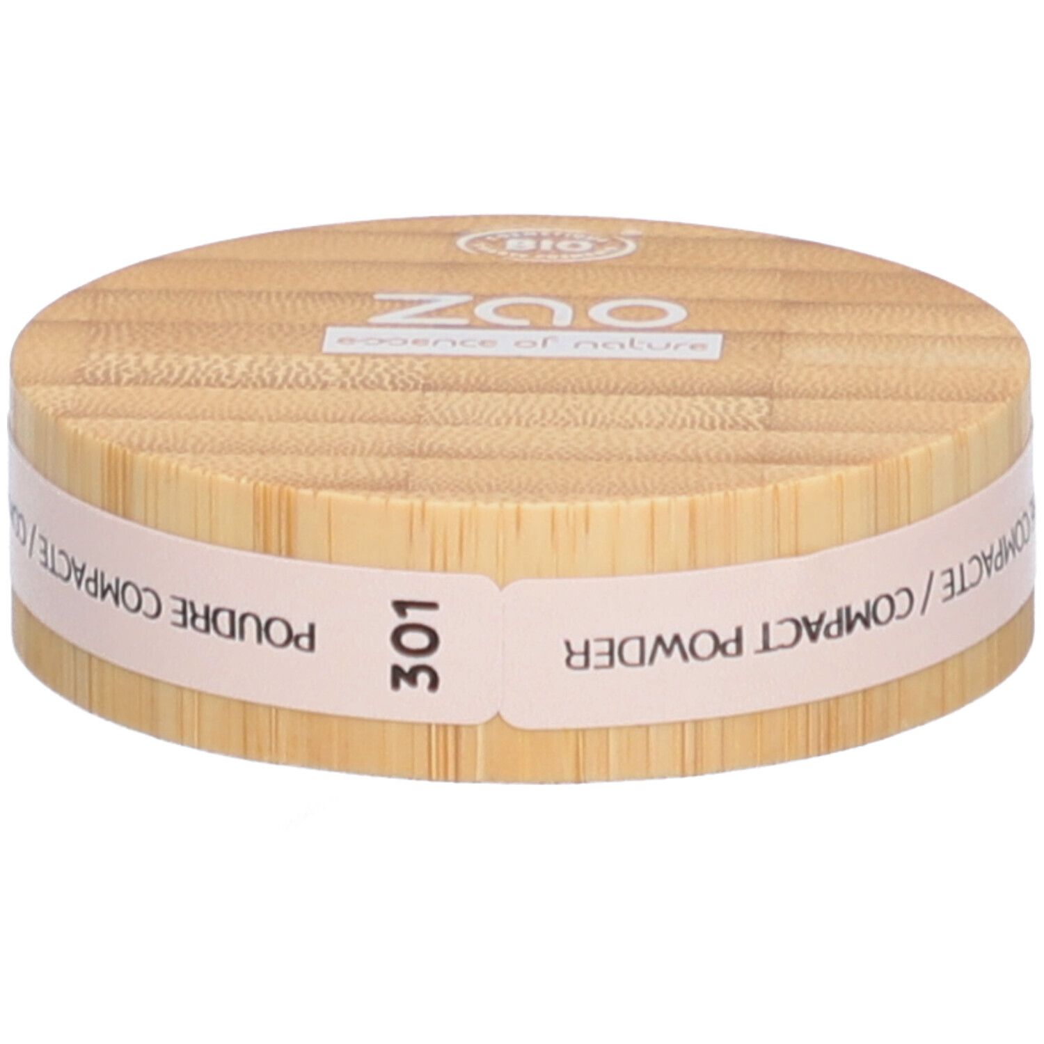 Boîtier de poudre compacte en bois. Inscriptions: ZAO, 301, Poudre Compacte/Compact Powder. Label bio.