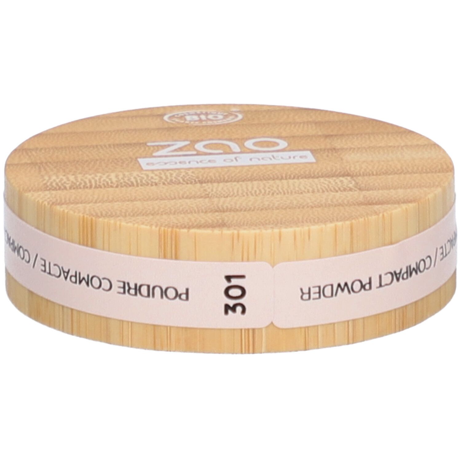 Boîtier de poudre compacte en bois. Inscriptions: ZAO, 301, Poudre Compacte/Compact Powder. Label bio.