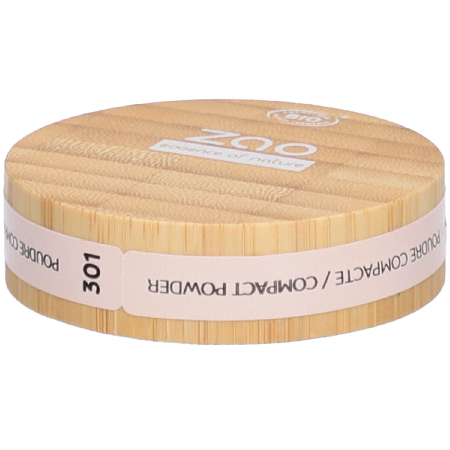 Boîtier de poudre compacte en bois. Inscriptions: ZAO, 301, Poudre Compacte/Compact Powder. Label bio.