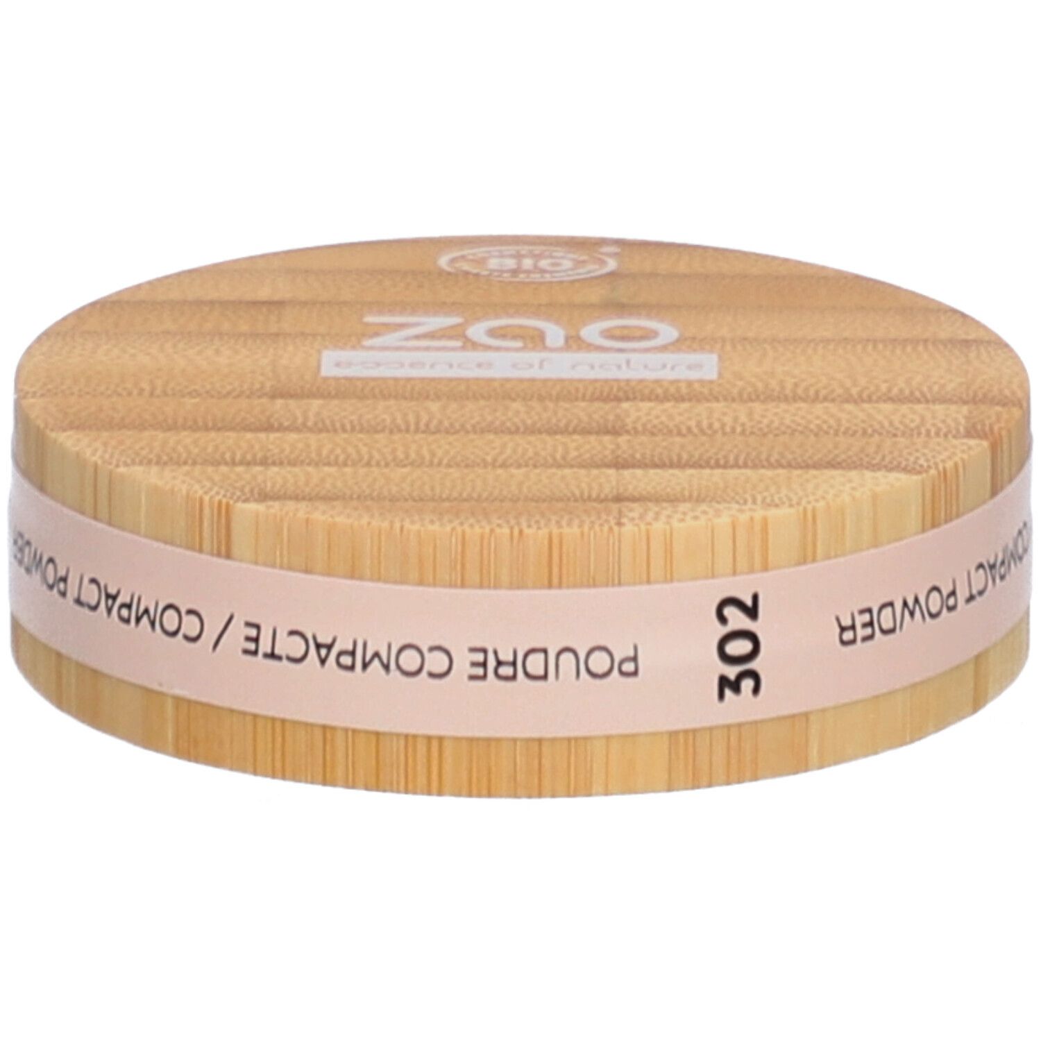 Boîtier rond de poudre compacte en bois. Inscriptions : ZAO, 302, POUDRE COMPACTE. Certification bio.