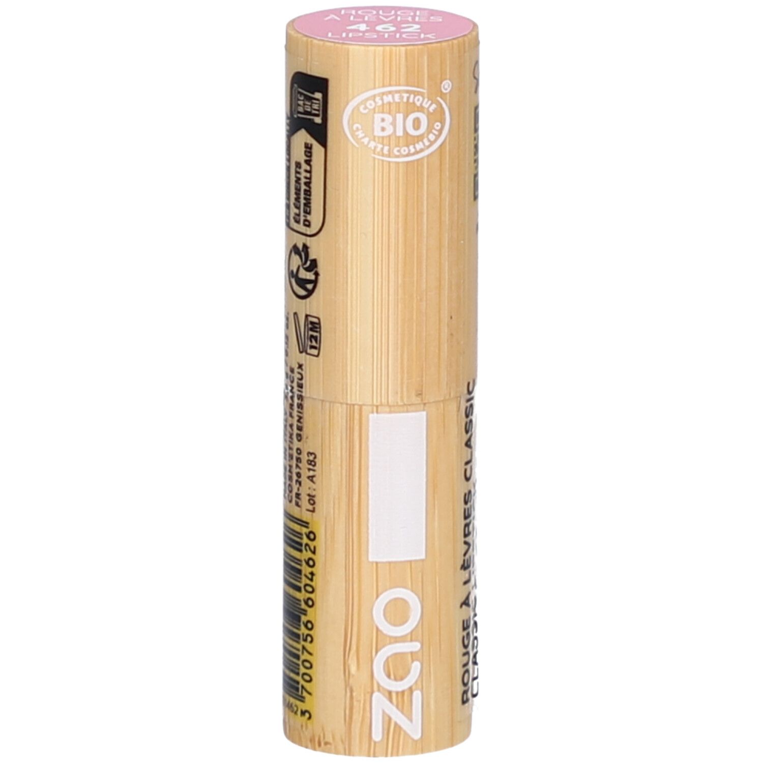 Rouge à lèvres ZAO, rose et bambou. Inscription: Rouge à lèvres classic. Certifié Cosmetique Bio.