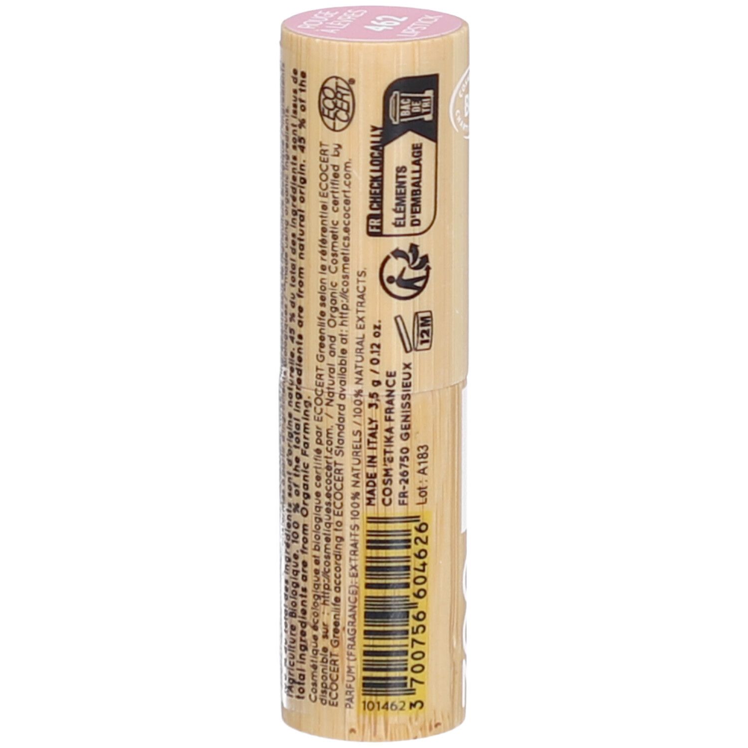 Rouge à lèvres ZAO en bambou. Inscription: Made in Italy, 3,5 g / 0,12 oz. Certifications: Ecocert, 12M.